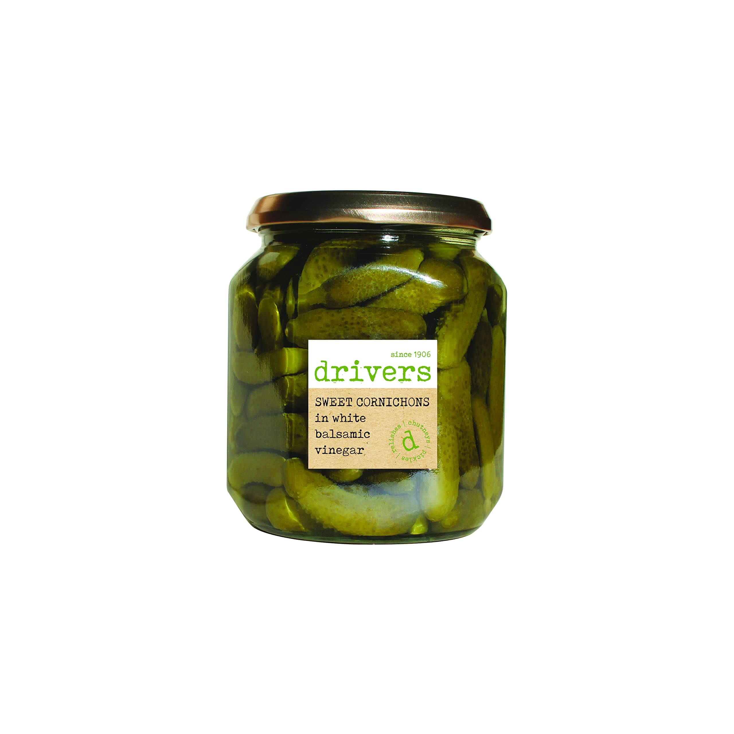 Drivers Sweet Cornichons in White Balsamic Vinegar - Traditional Drivers Recipe Party Favourite Picklers Since 1906 Mini Gherkins Gluten-Free Suitable for Vegetarians and Vegans - 550 g Jar