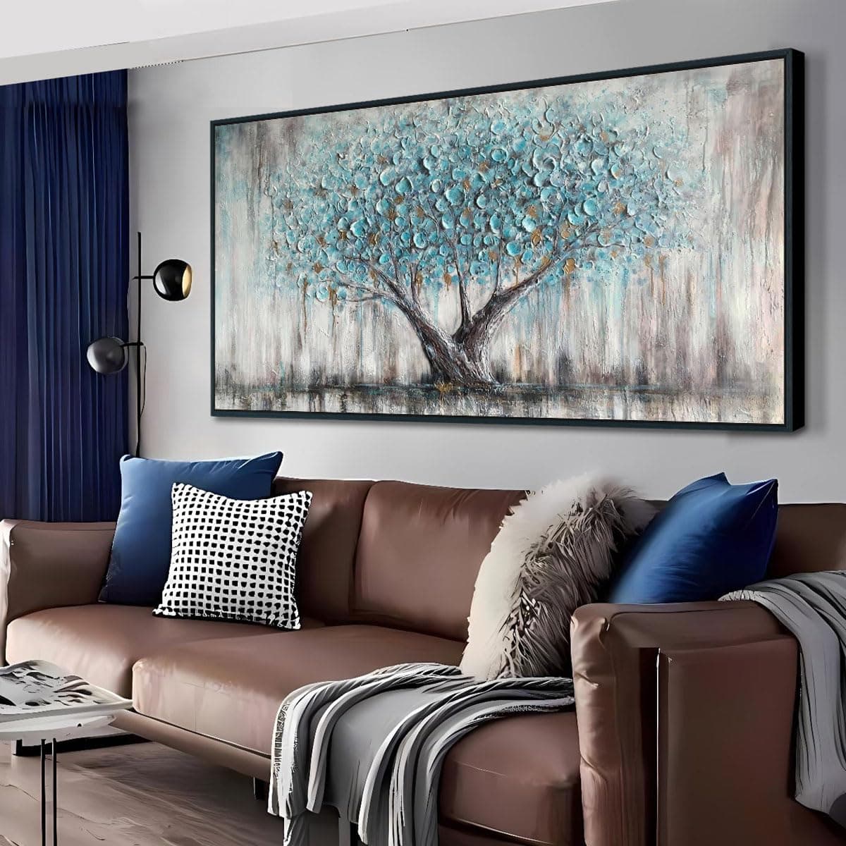Arjun Framed Blue Tree Extra Large Canvas Wall Art for Living Room Tree of Life Abstract Bedroom Textured Painting, Nature Picture Panoramic Landscape Artwork Home Office Decor, Black Wood 58"x29"