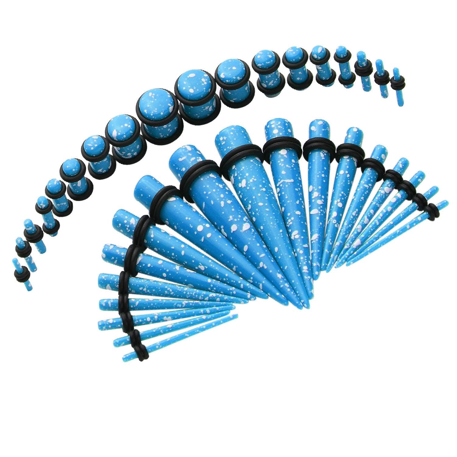 BodyJ4You 36PC Gauges Kit Ear Stretching 14G-00G Light Blue Dot Splatter Acrylic Taper Plug Piercing