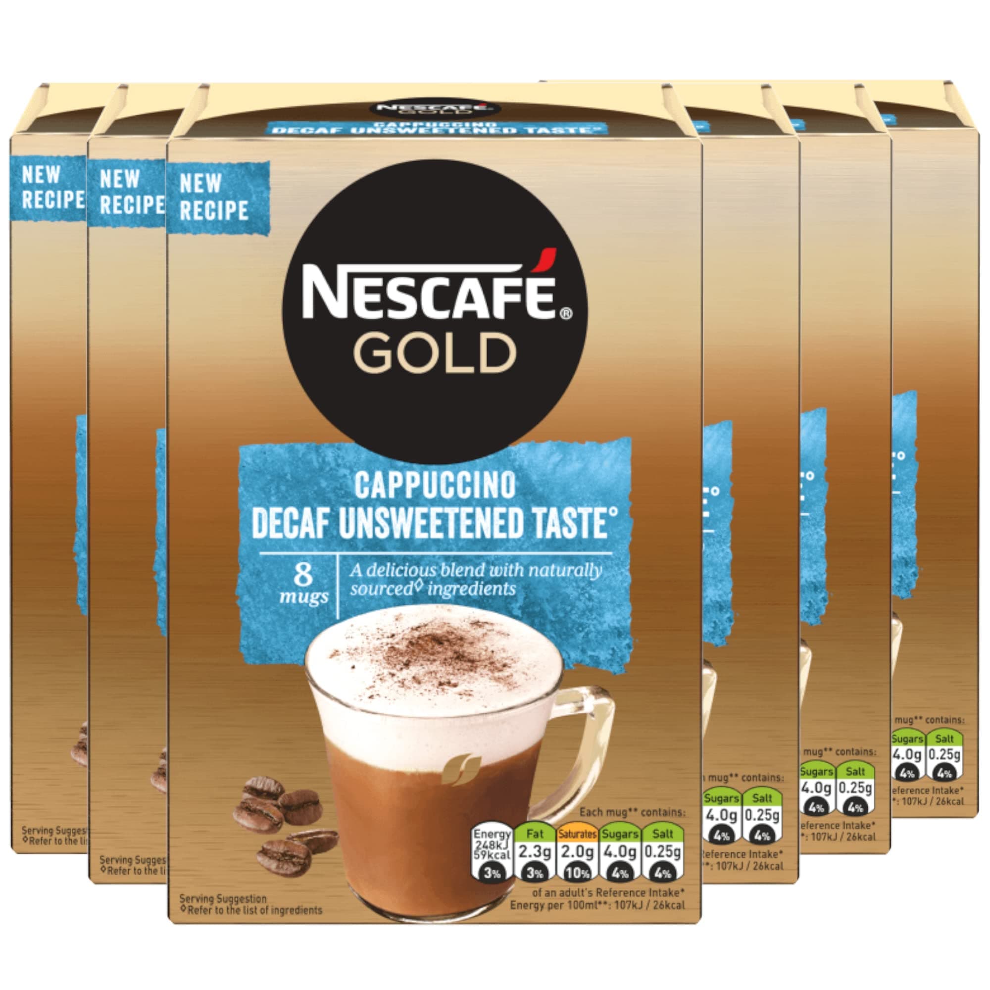 Gold Decaffeinated Cappuccino Unsweetened Coffee 8 Sachets Pouch, 6 X 120 g