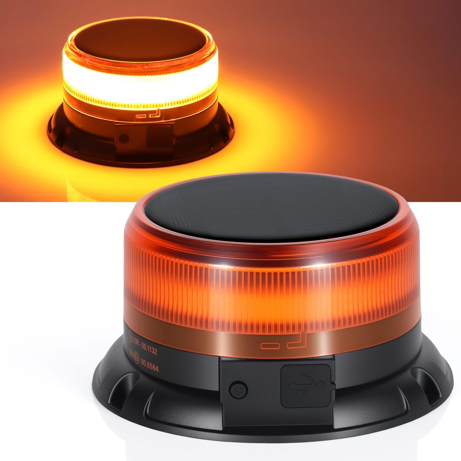 Solar LED Beacon Light 10-30V Waterproof Amber Warning Lights, with Magnetic Base, Rechargeable Rotating Strobe Lights for Vehicle Forklift Truck Tractor Golf Carts UTV Car Bus