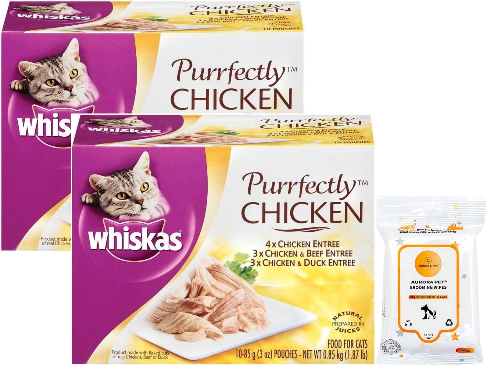 Aurora PetBundle (2) Purrfectly Chicken Variety (10-Count) 3 Ounces Wet Cat Food Favorites with AuroraPet Wipes