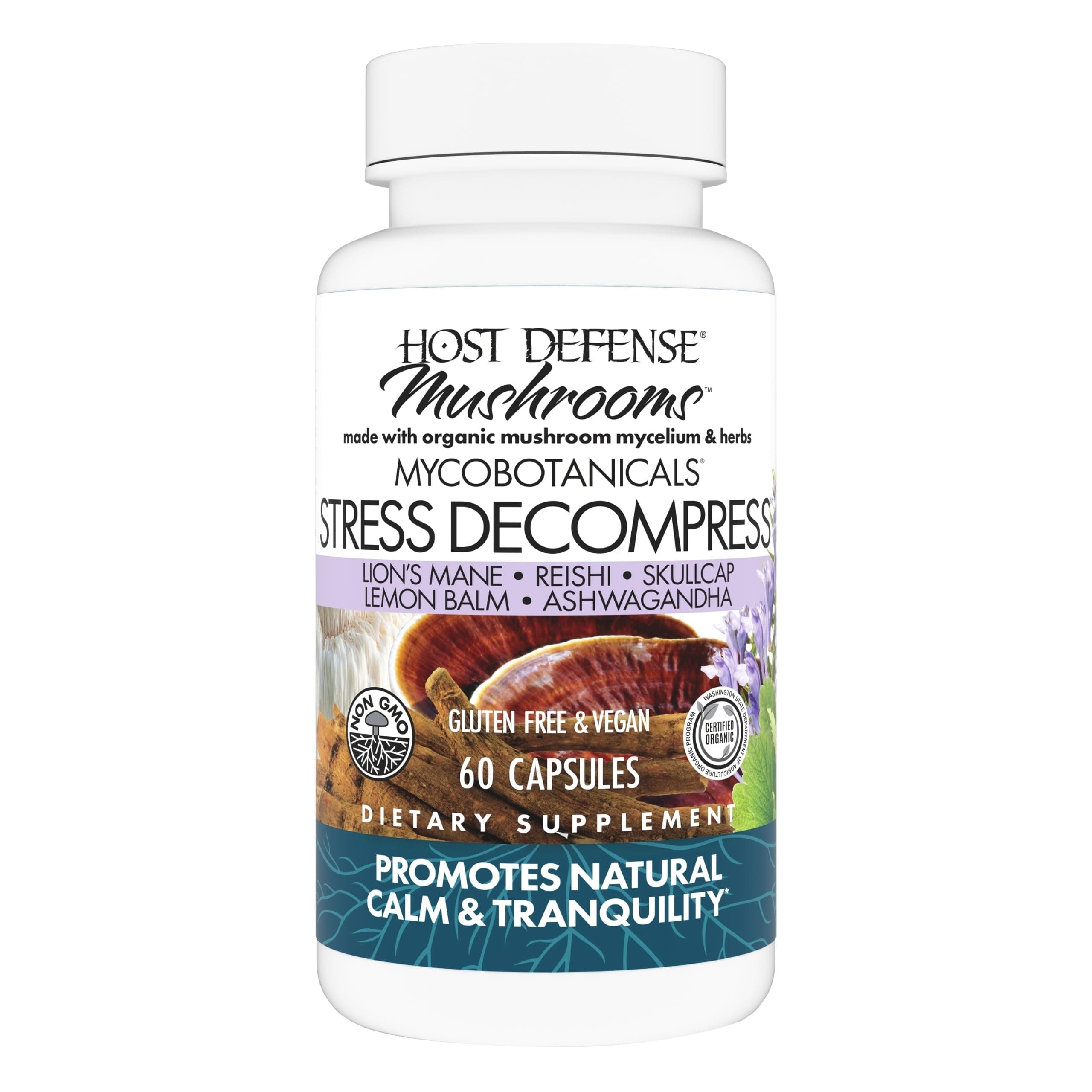 Host Defense MycoBotanicals Stress Decompress* Capsules - Mushroom Supplement with Lemon Balm & Ashwagandha Root - with Reishi, Lion's Man & Skullcap - 60 Capsules (30 Servings)*