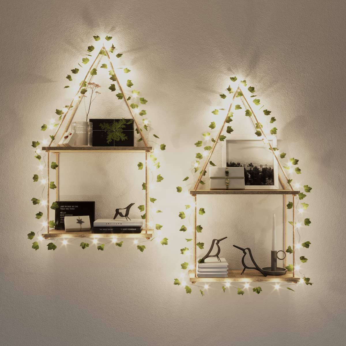 RICHER HOUSE 2 Tier Artificial Ivy LED-Strip Wall Hanging Shelves Hanging Plant Shelf, Macrame Shelf for Bedroom Bathroom Living Room Kitchen, Wood Shelves for Wall Décor - 2 Pack