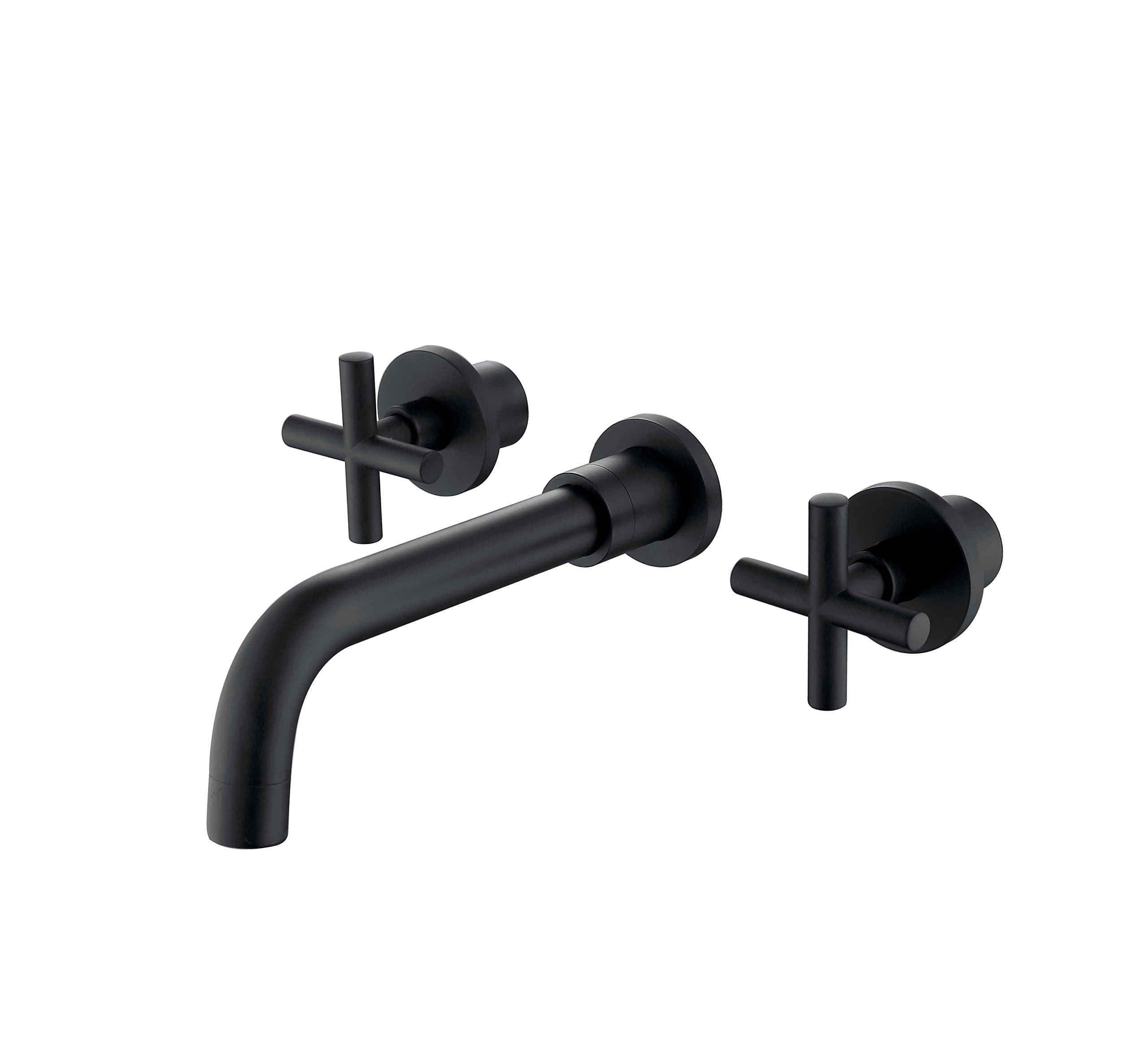 STIGES Double Cross Handle Wall Mount Brass Faucet Widespread Bathroom Basin Sink Mixer Tap, Matte Black