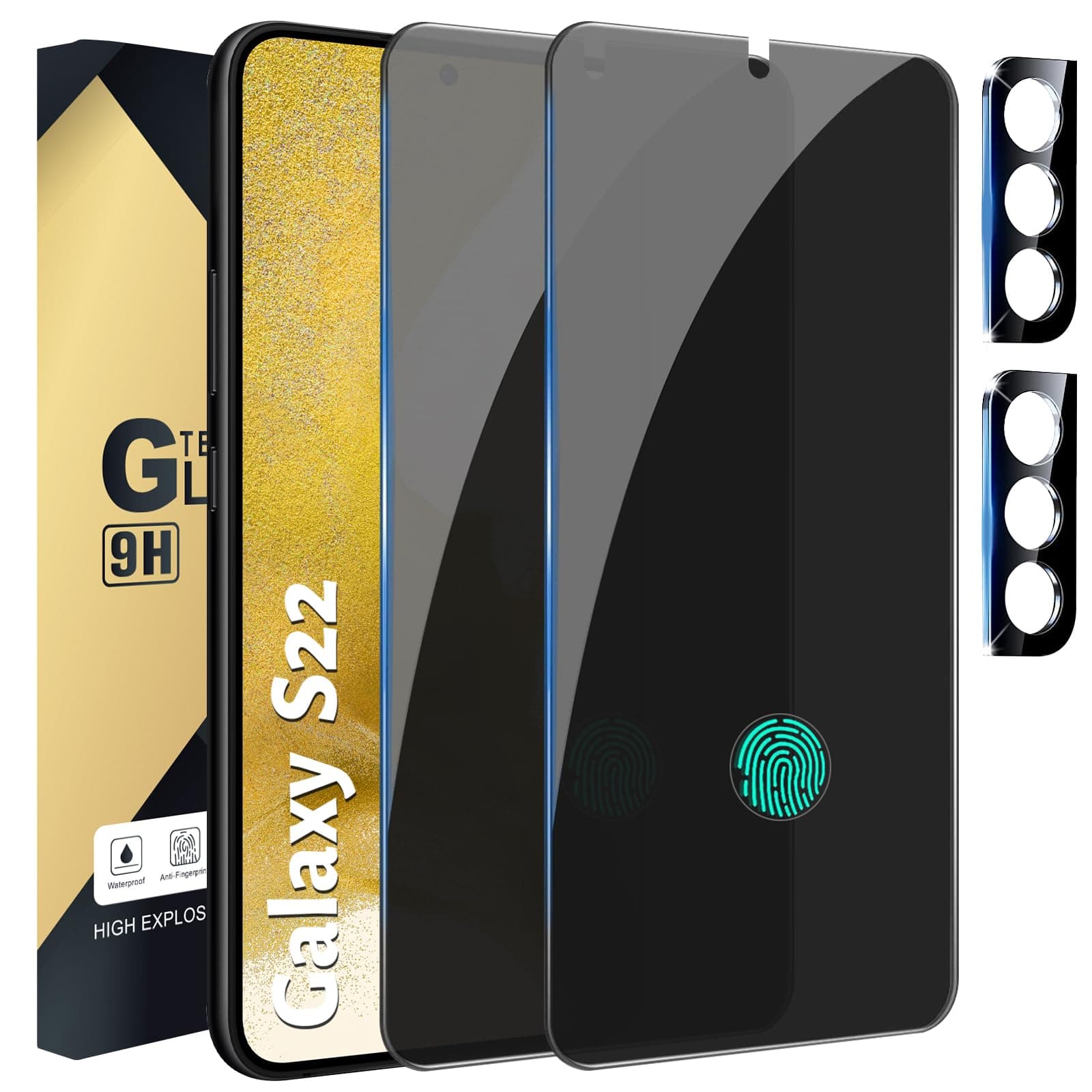 [2+2 Pack Privacy Screen Protector Compatible with Galaxy S22 5G, 2 Tempered Glass with 2 Camera Lens Protectors - HD Clear - Bubble-Free - Anti-Spy - Scratch Resistant