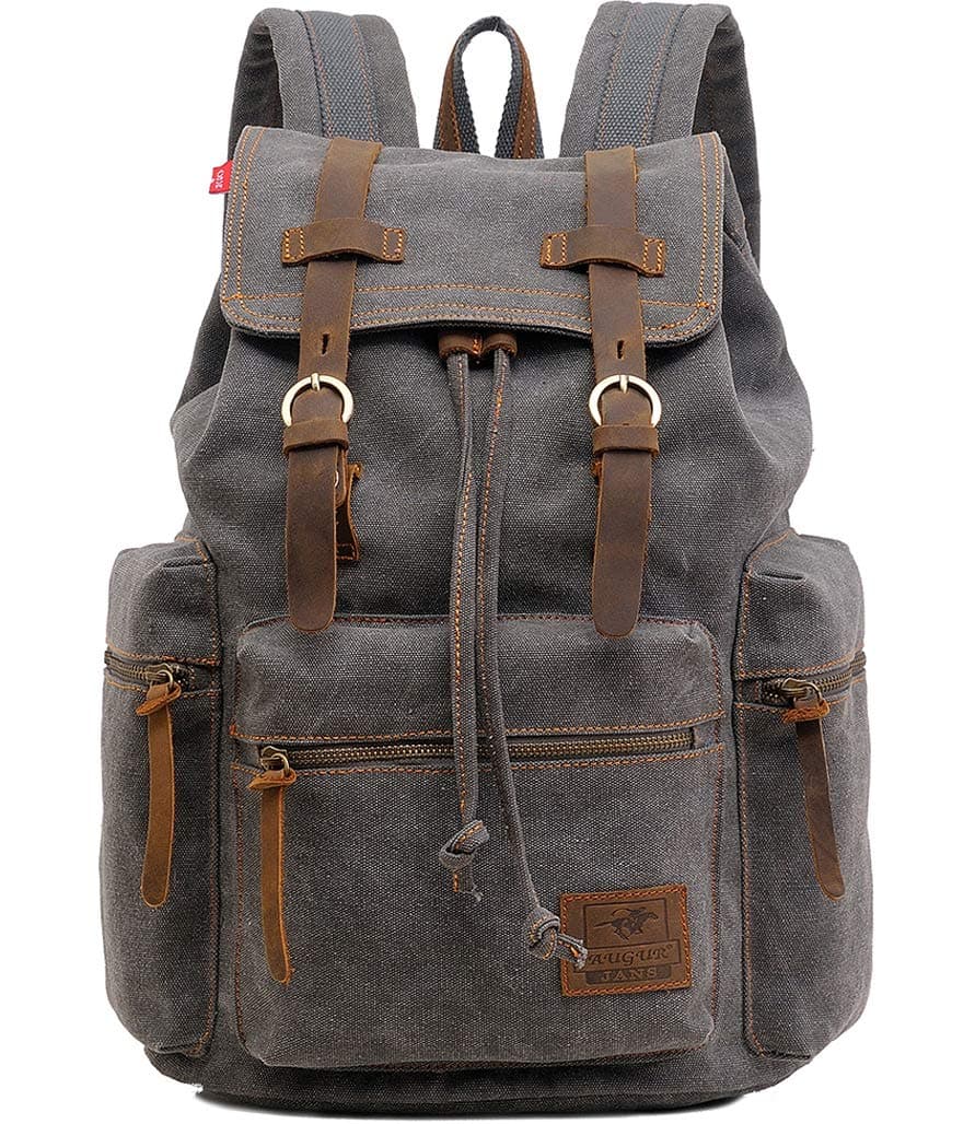 Vintage Canvas Travel Backpack with Leather Trim, Laptop Padded Sleeve, Hidden Back Security Pocket, Fits 14-Inch, M32 Gray