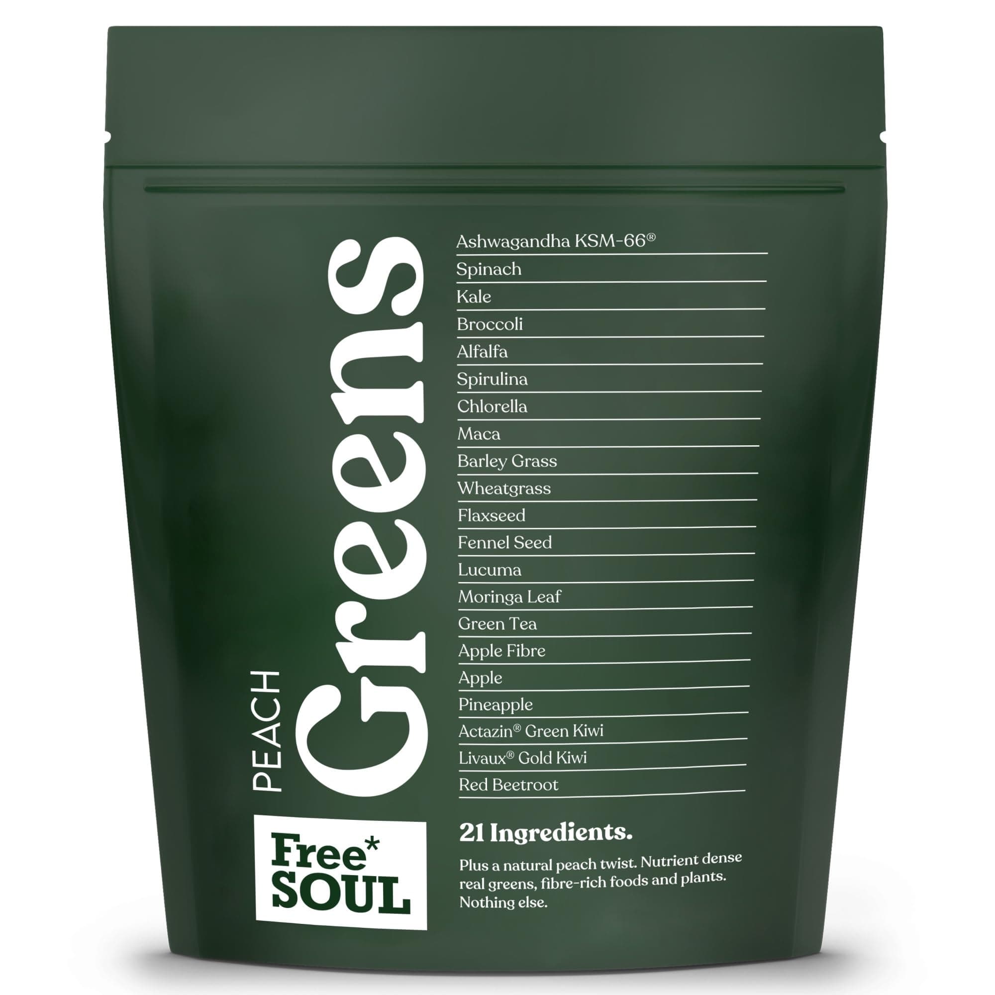 Free Soul Greens | 21 Advanced Greens, Superfoods, and Adaptogens Including KSM-66 Ashwagandha, Vegan & Gluten-Free, Advanced Natural Formula | UK Made | 30 Servings | Peach Flavour