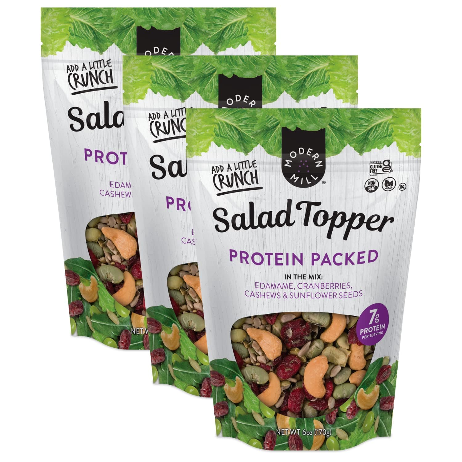 Modern Mill Protein Packed Salad Topper By Gourmet Nut - Mixed Nuts(Roasted Cashews),Dried Cranberries,Edamame,Sunflower Seeds - Gluten Free, Low Sodium, Kosher, Plant Protein Snack, 6oz. Bag (3 Pack)