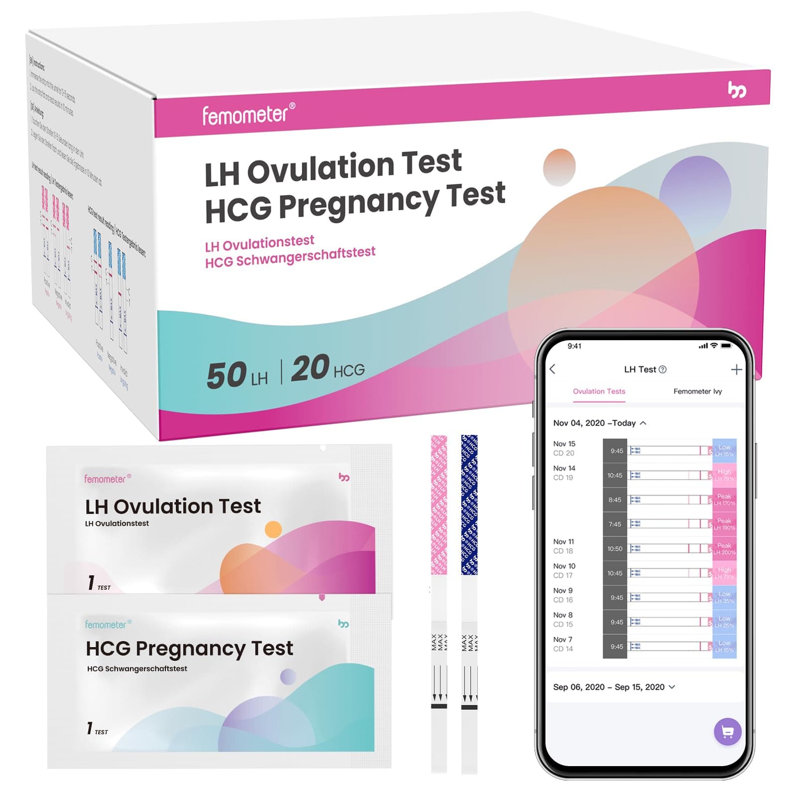 femometer 50 Ovulation Test Strips and 20 Pregnancy Test Strips, Over 99% Accurate & Easy to Use