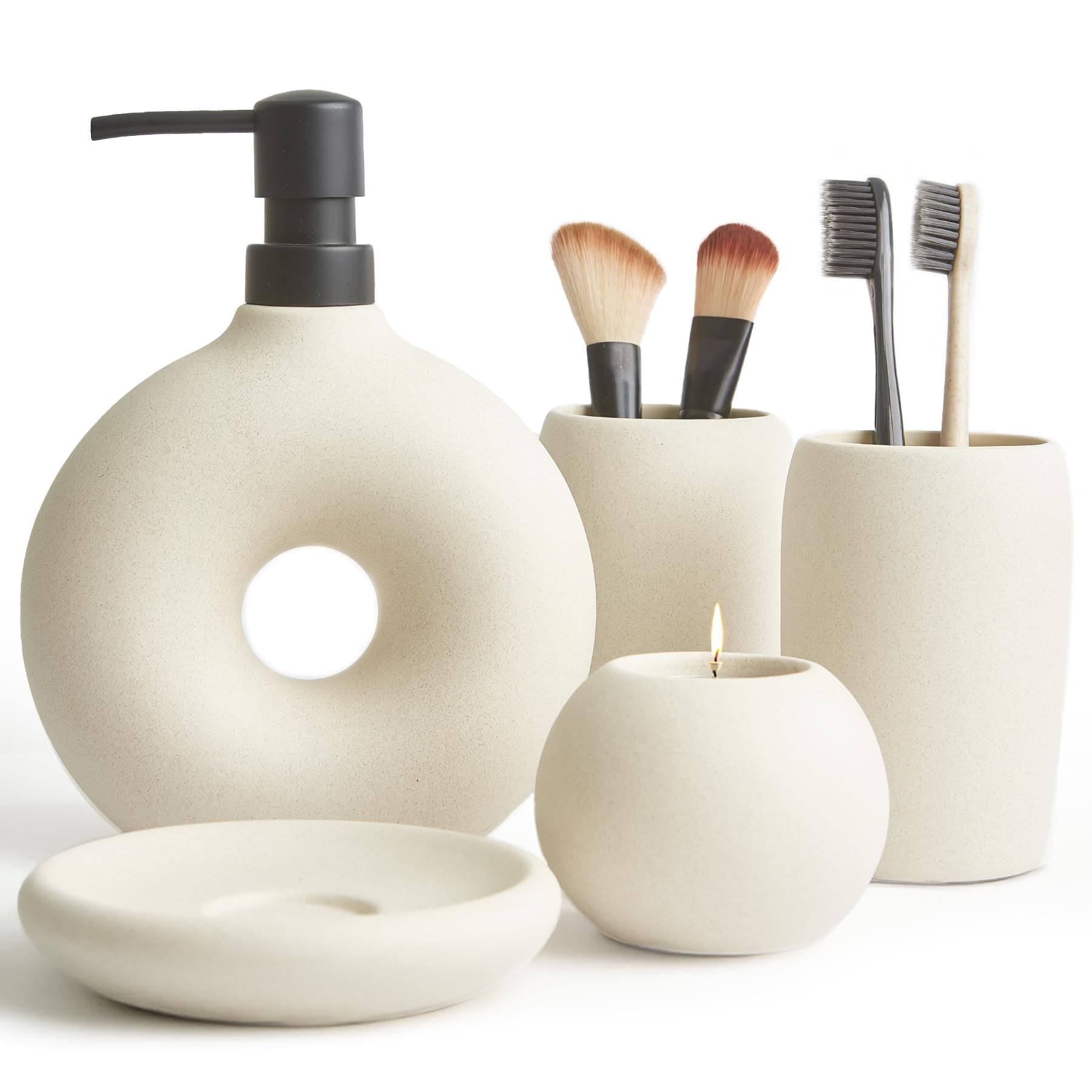 Ceramic Bathroom Accessory Set, 5 Pcs - Includes Soap Dispenser, Toothbrush Cup, Toothbrush Holder, Soap Dish & Candle Holder - Beige, Matte Glaze - Aesthetic Bathroom Decor