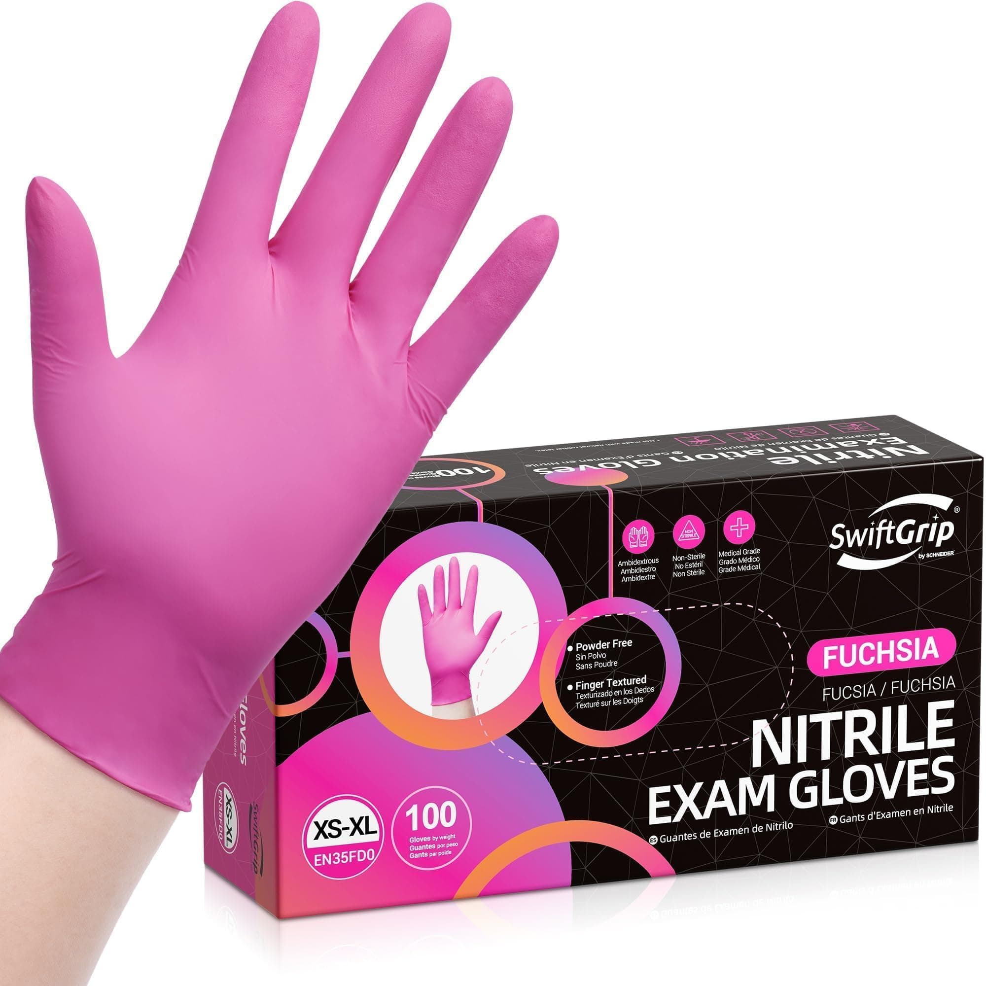 Powder-Free Nitrile Gloves, 3-mil, Disposable Nitrile Gloves, Latex-Free, Powder-Free - Pink/Fuchsia