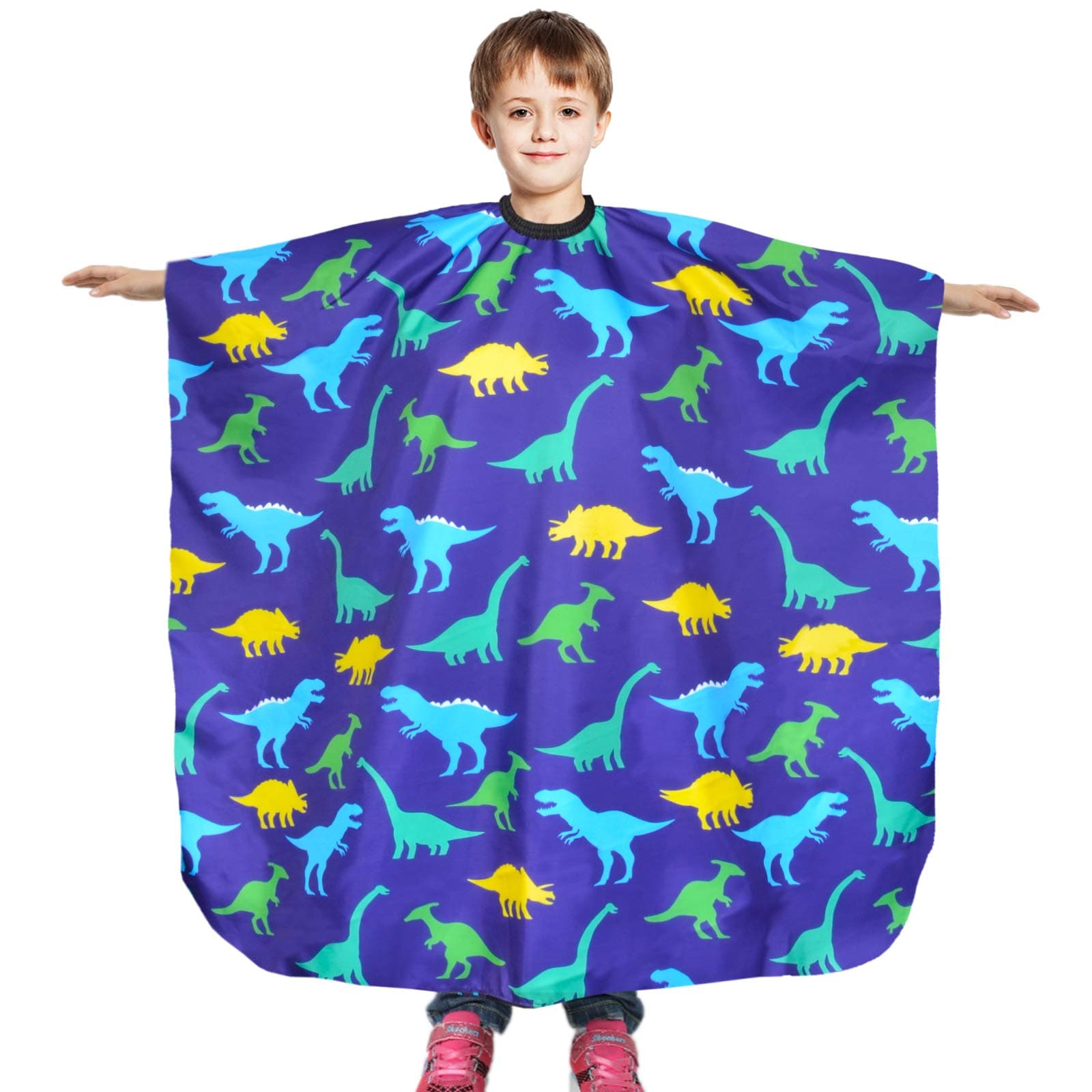 Nidoul Kids Haircut Cape, Dinosaur Salon Barber Cape Hair Stylist Cover, Waterproof Hairdresser Apron for Child Boys Girls, 47"x39" Extra Long Hair Cutting Apron with Clip Closure (Blue Dinosaur)