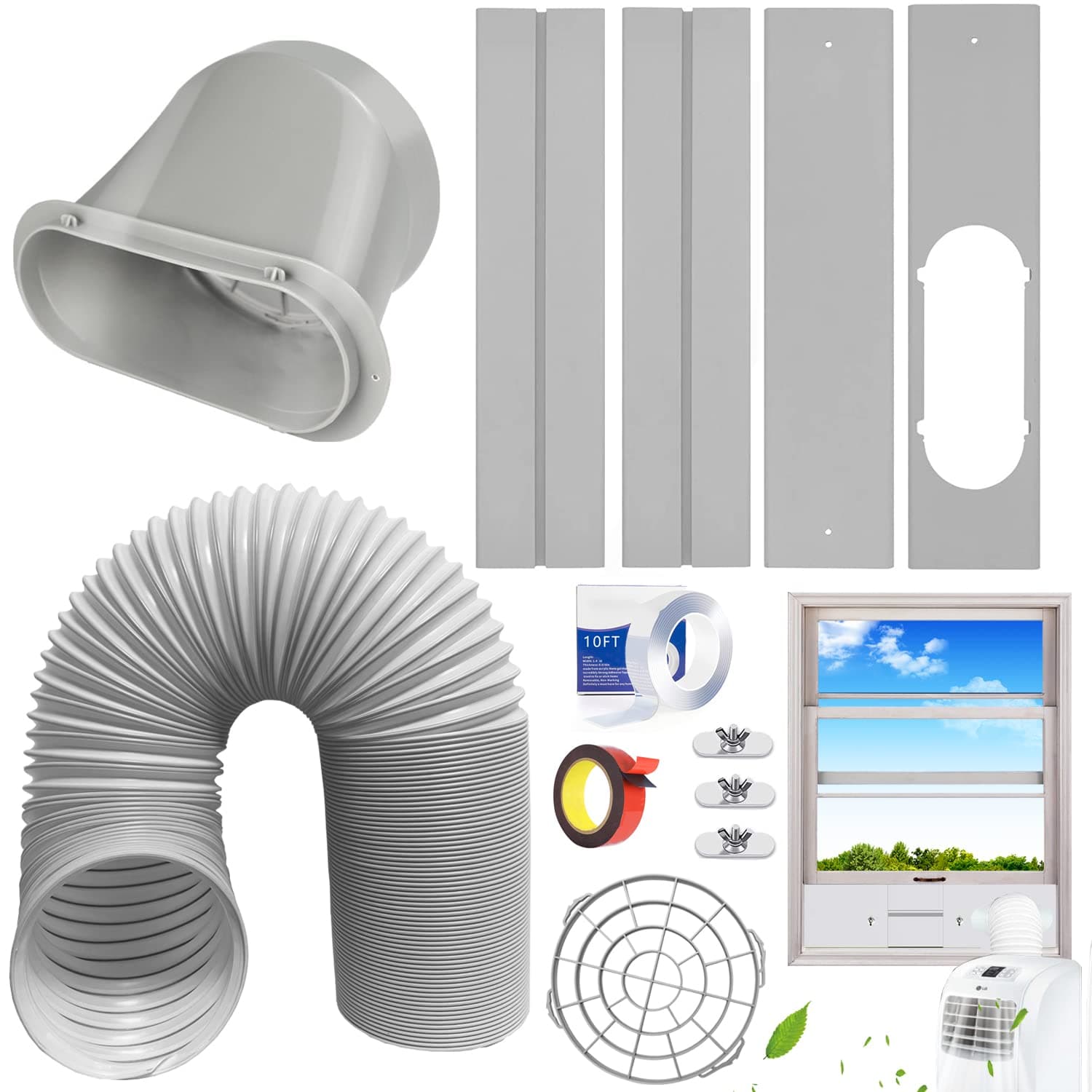 JENCEAILL Portable AC Window Vent Kit, Adjustable Vertical/Horizontal Sliding Window Kit Plate for AC Unit, AC Window Vent Kit, AC Window Seal with 5.9 Inch Diameter, 59 Inch Length Exhaust Hose