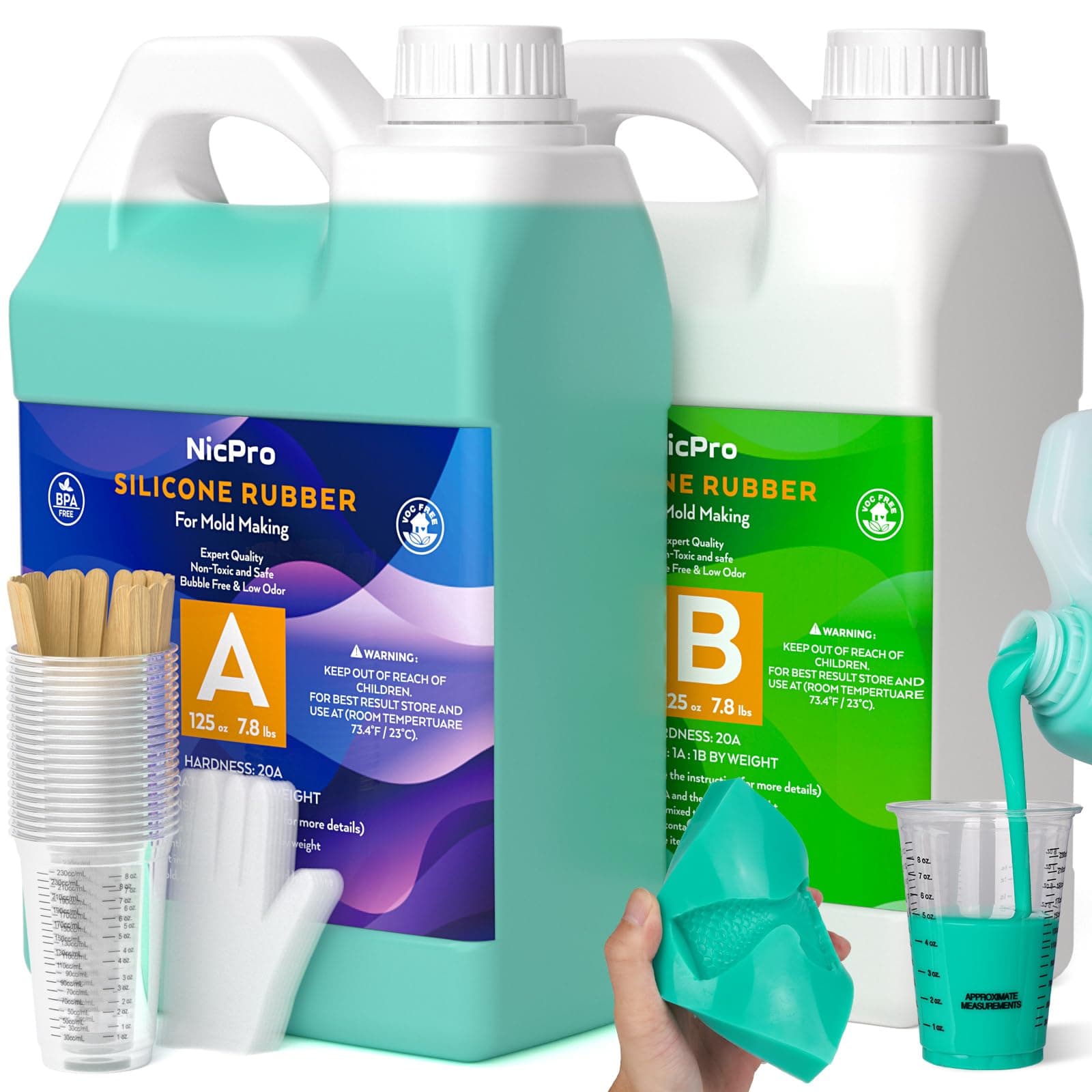 250 oz Silicone Mold Making Kit 20A, Platinum Liquid Silicone Rubber for Mold Maker, Jade Green Flexible & Food Safe Mix Ratio 1:1 for Casting 3D Resins Molds DIY with Gloves, Sticks & Cups