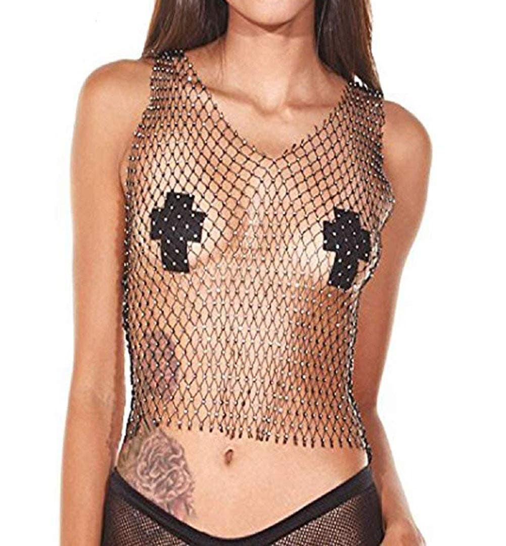 Women Mesh Tank Tops Shiny Crystal Diamond Rhinestone Elastic Hollow Out Crop Tops T-Shirt Sleeveless for Concert Music Festival Dance Club Party Rave Costume(V-Neck,Black)