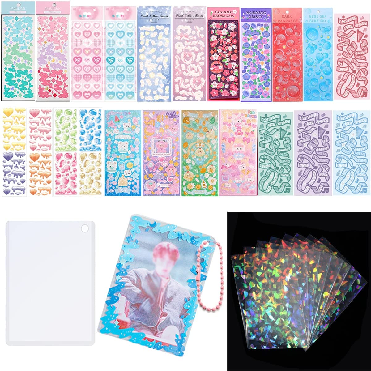 6 Kpop Photocard Holder Keychain Toploaders,50 Holographic Card Sleeves for Trading Cards Kpop Photocard,22 Ribbon Deco Korean Stickers for Photocards Binder Album Scrapbooking Top Loader (Colorful)