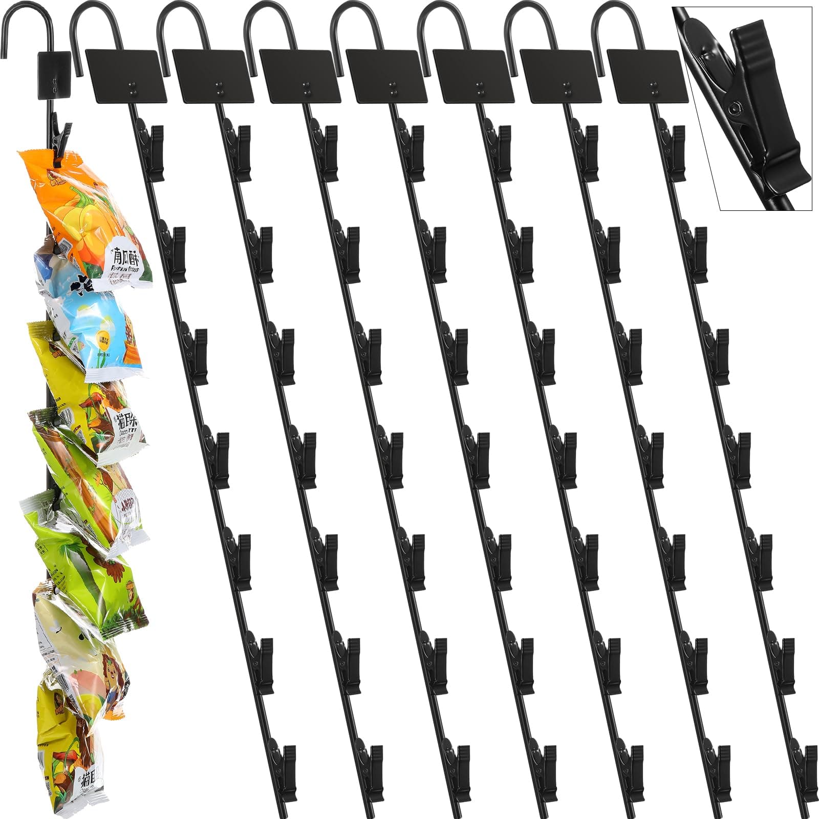 Hotop 8 Pcs Metal Clip Displays Retail Racks Potato Holders Snack Merchandise Display Strips with 28 Clips and Label Header for Vendors Concession Display (Black)