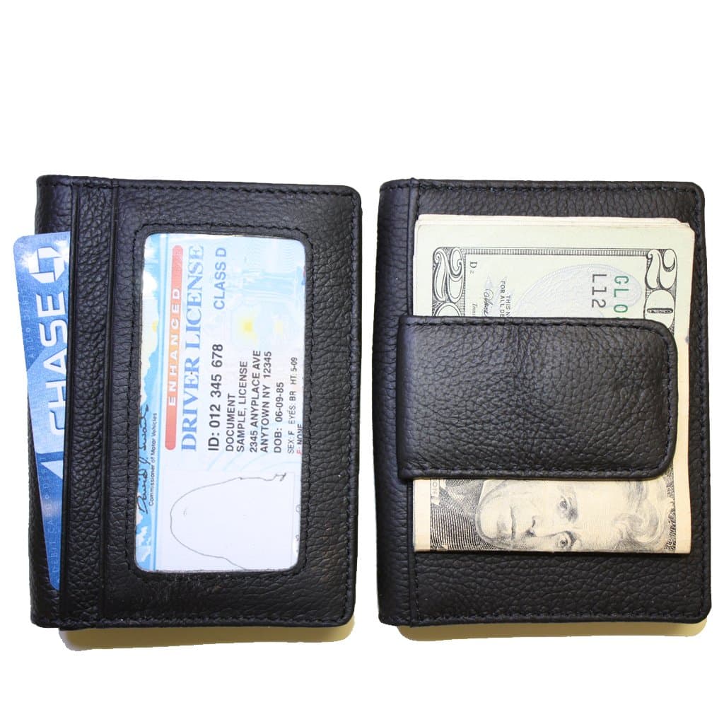 Fine leather bifold wallet with money clip card id holder (black)