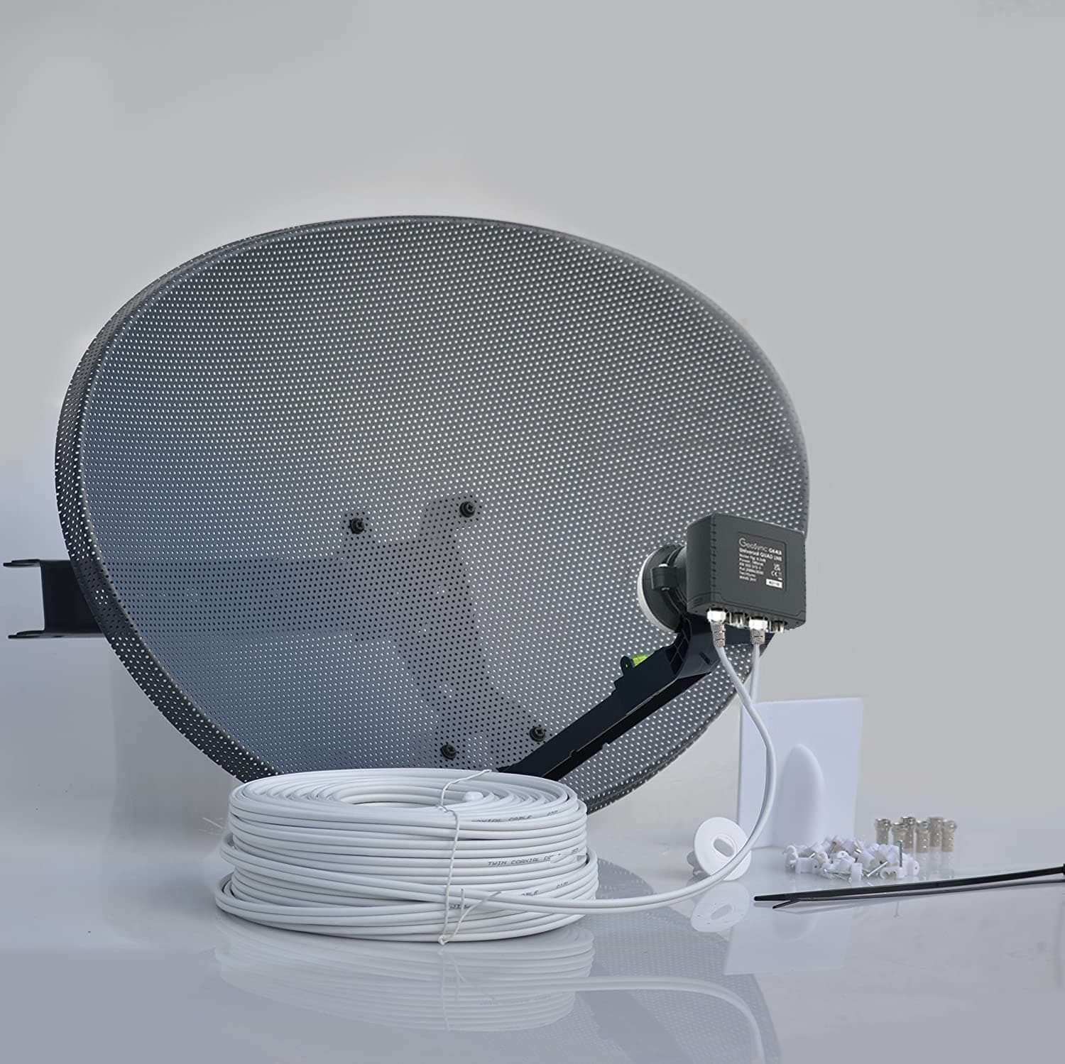SSL Satellites Freesat HDR Satellite Dish DIY Self Installation Kit, Latest Dish with Quad LNB, Twin White Coax Cable, All necessary Brackets, Bolts and SATELLITE FINDER (30 Meter Kit, White)