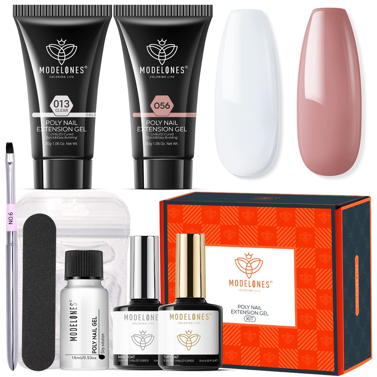 Modelones Poly Nail Gel Kit 30ml 2PCS Clear Brown Colors with Slip Solution Extension Builder Enhancement Professional Starter Kit Nail Technician Manicure DIY