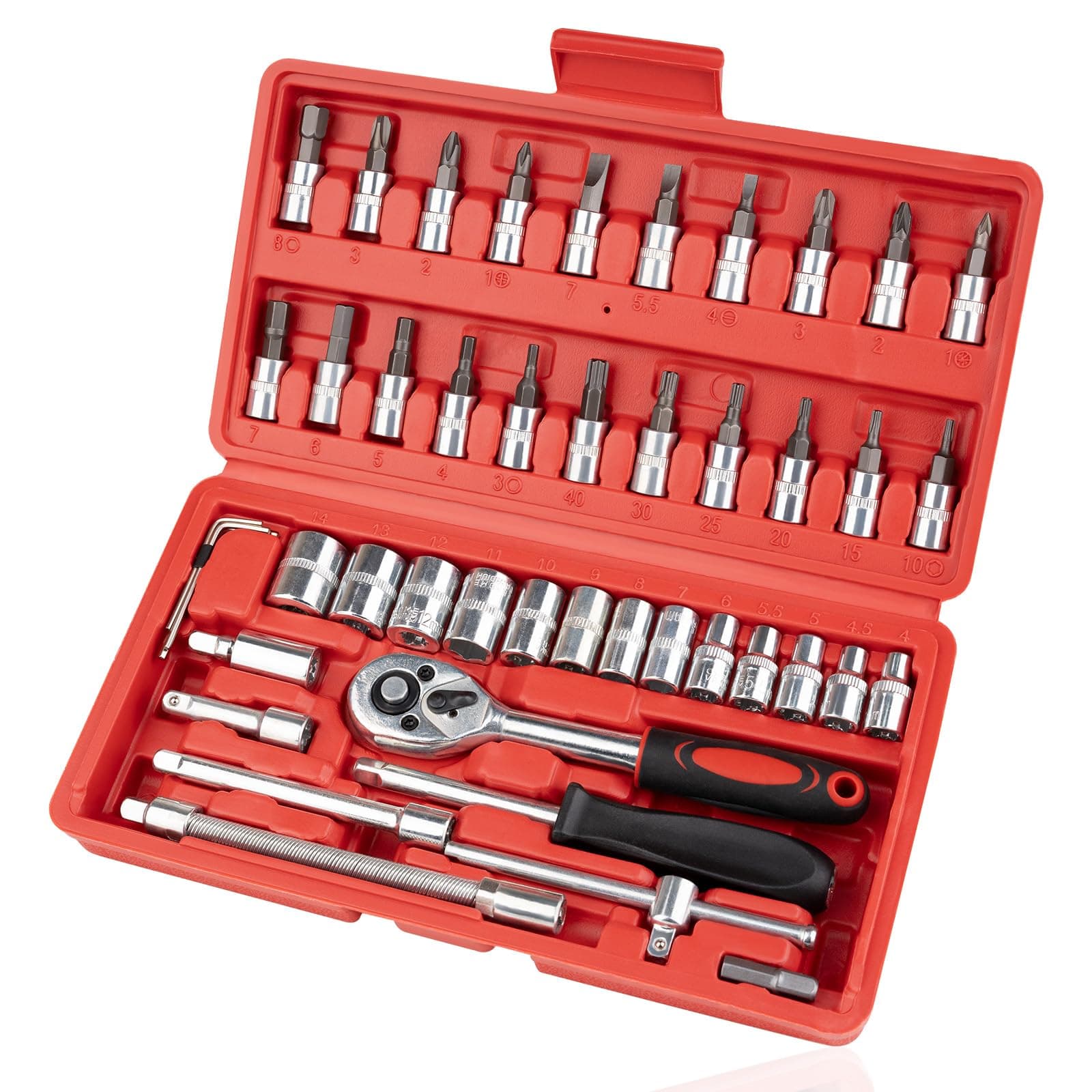 46PCS Small Drive Socket Ratchet Wrench Screwdriver Set, 1/4 Inch Metric Socket and Ratchet Wrench Set with Extension Bar, Upgrade Compact Tool Set for Car