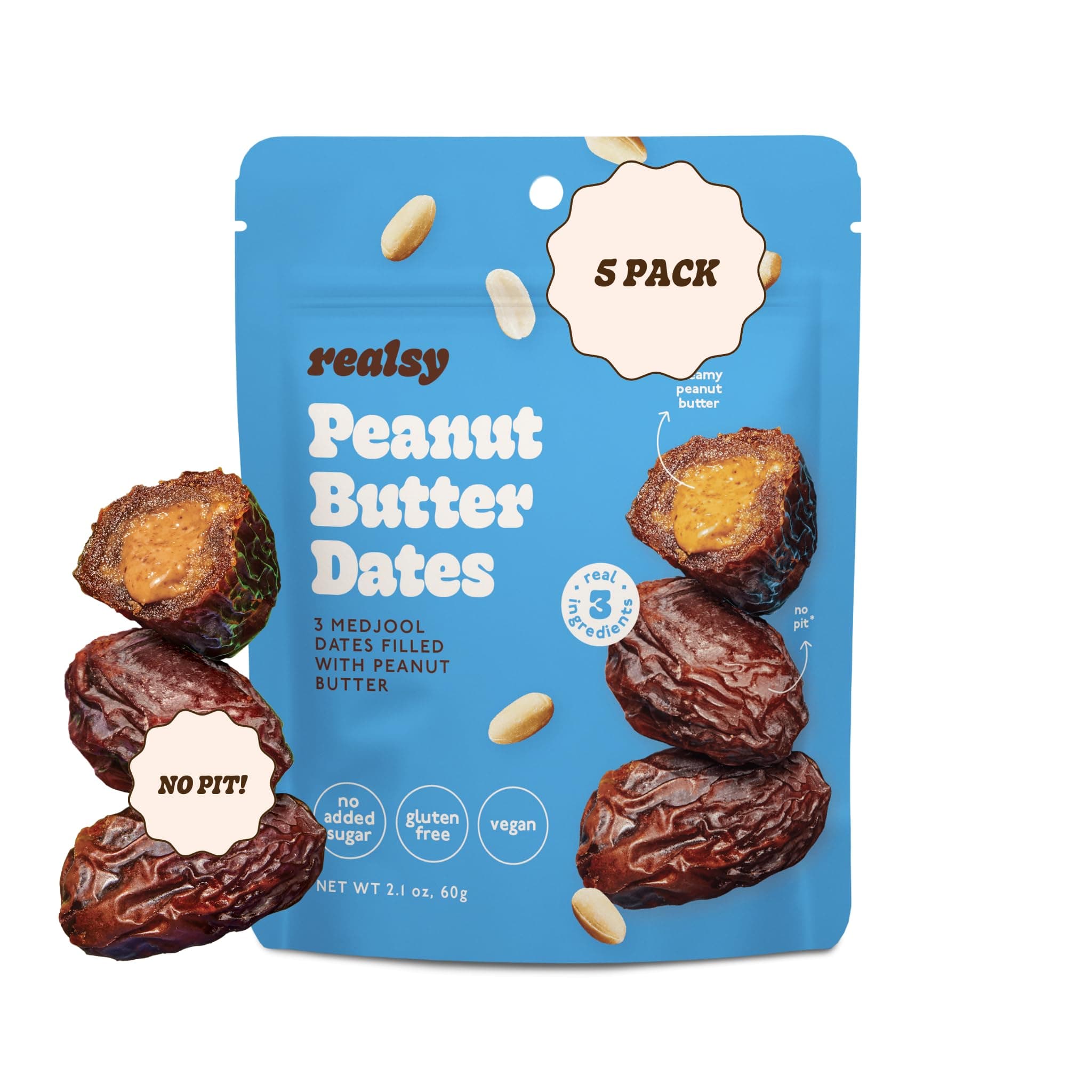 Realsy Pitted & Stuffed Medjool Dates, Organic Dates with No Sugar Added, Gluten-Free, Vegan, Good Source of Fiber, Low Glycemic Index, All Natural Healthy Snack (Peanut Butter 5 pack)