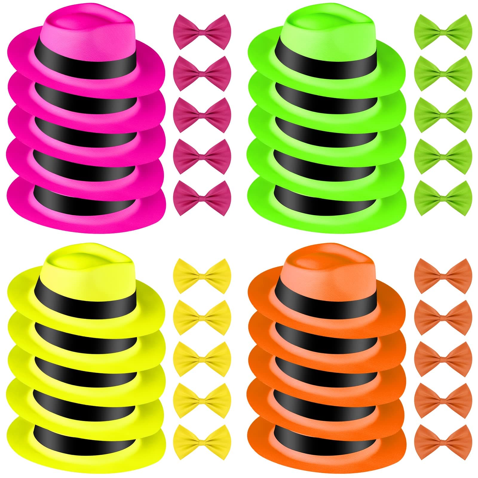 ELECLAND 40 Pieces Funny Party Hats Neon Party Supplies - Fedora Party Hats with Bowtie Gangster Party