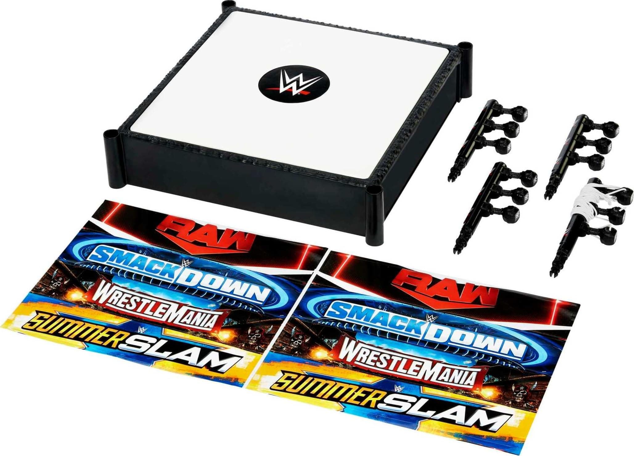 Mattel Wwe Superstar Ring, 14 Inches With Spring-Loaded Mat, 4 Event Apron Stickers & Pro-Tension Ropes For Wwe Action Figures, Gift For Ages 6 Years Old & Up