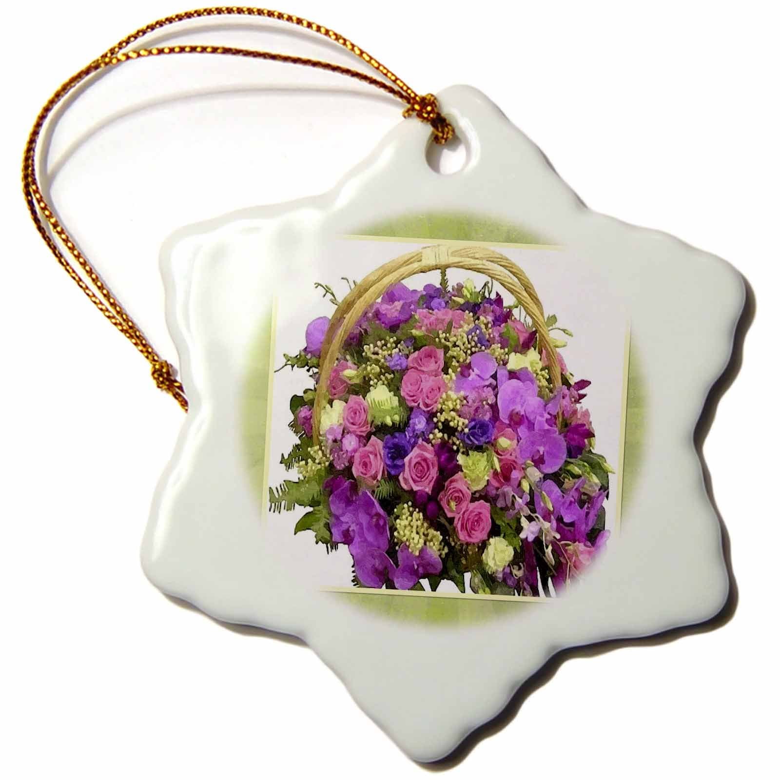3dRose Basket of Flowers Snowflake Porcelain Ornament, 3-Inch