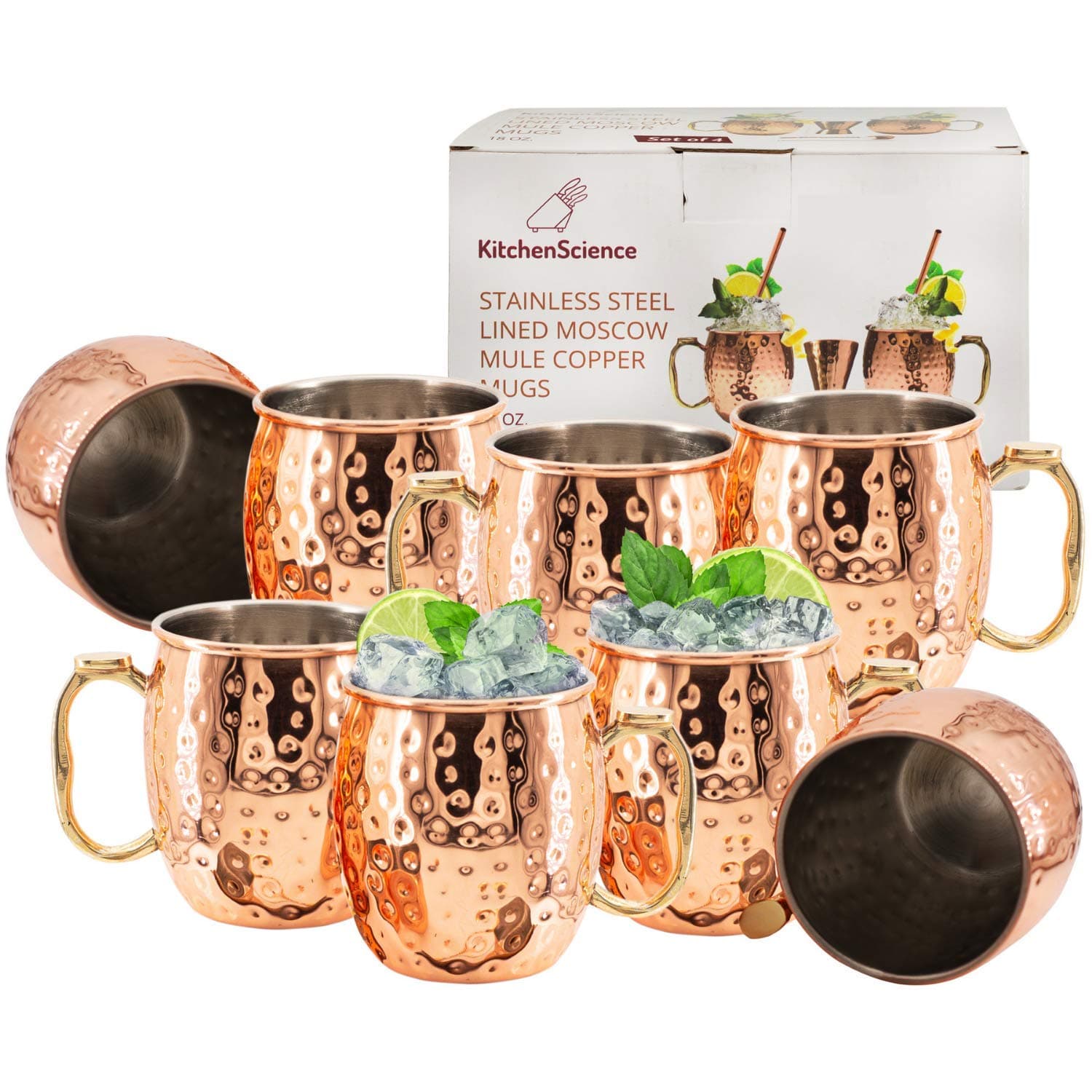 Moscow Mule Mugs Set of 8| Food Safe | High Grade Stainless Steel Mugs With Pure Copper Plating | Brass Handles With Thumb Rest |19 OZ | Large Size