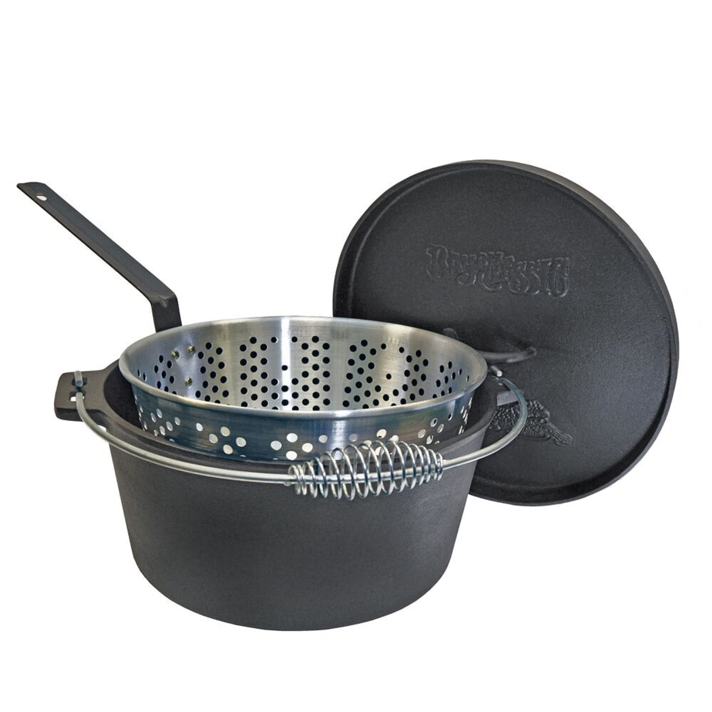 7465 14-qt Cast Iron Dutch Oven w/ Perforated Aluminum Fry Basket Features Flanged Camp Lid Stainless Coil Wire Handle Grip Perfect For Baking Frying One-Pot Meals Stews and Chili
