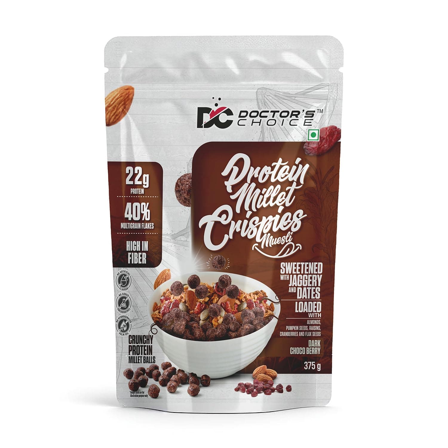 DC DOCTORS CHOICE High Protein Multigrain Muesli - 22 G Protein,No Maida,No Palm Oil,Jaggery Sweetened Fiber-Rich,Preservative-Free,Healthy Crunchy Treat(375 G,Dark Choco Berry Muesli)