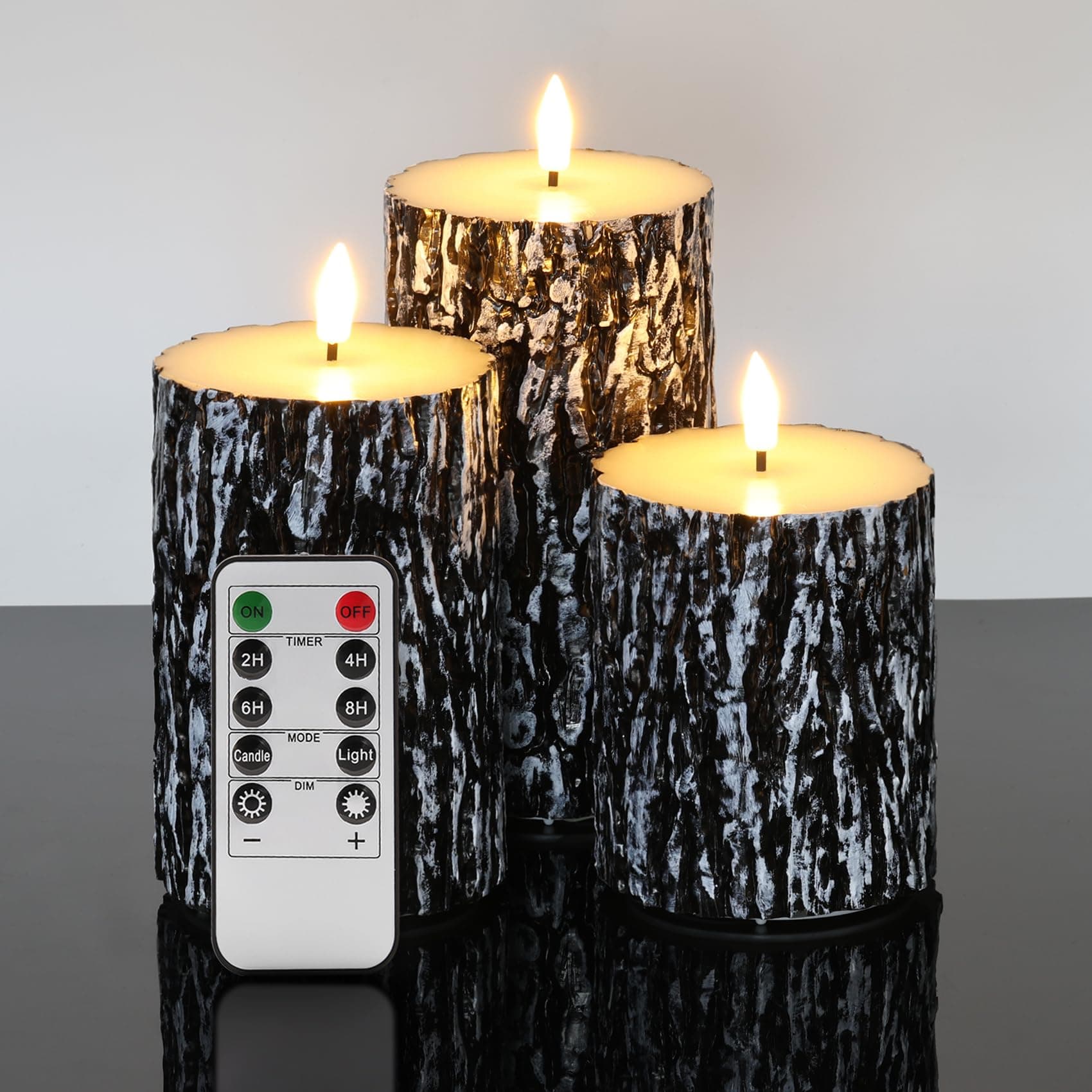 Eywamage Black Pine Bark Flameless LED Candles with Remote, Farmhouse Flickering Wood Pillar Candles Set of 3