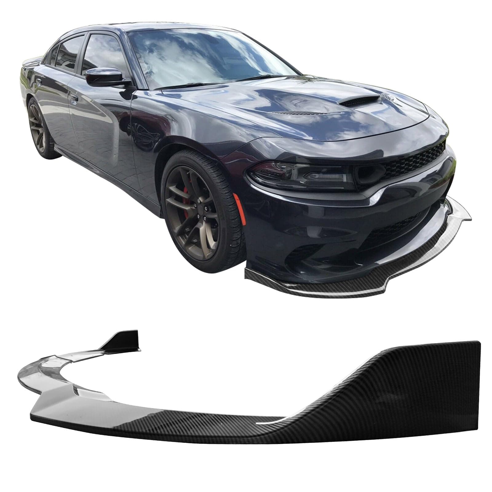 IKON MOTORSPORTS, Front Bumper Lip Compatible with 2015-2023 Dodge Charger SRT, V1 Style Carbon Fiber Print ABS Front Air Dam Chin Splitter Lower Protector 3PCS, 2016 2017 2018 2019