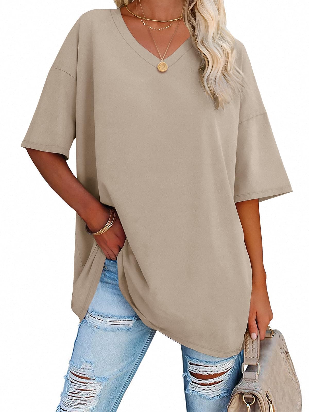 Womens Oversized Shirts V Neck Plus Size Spring Workout Summer Tops Beach Vacation 2026 Gym Clothes Basic Tee