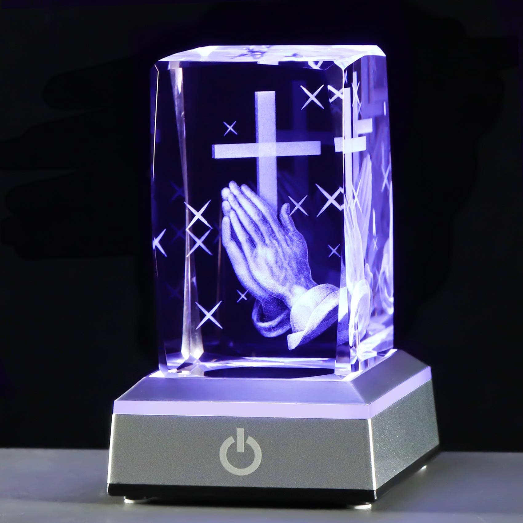 YWHL 3D Crystal Cross Figurine with Colorful Light Base, Laser Engrave Praying Hands Religious Gifts for Women Man, Christian Gifts for Friend
