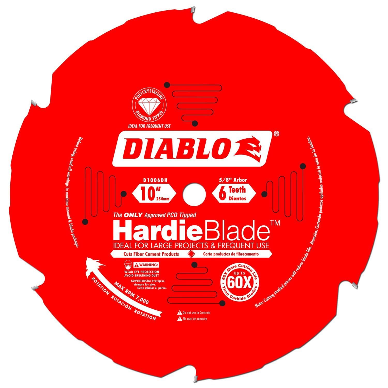 HardieBlade Saw Blade for Fiber Cement - 10" Diameter, 6 TCG (PCD) Teeth, 5/8" Arbor, .087" Kerf, 10° Hook Angle, .063" Plate, 6000 Max RPM - D1006DH