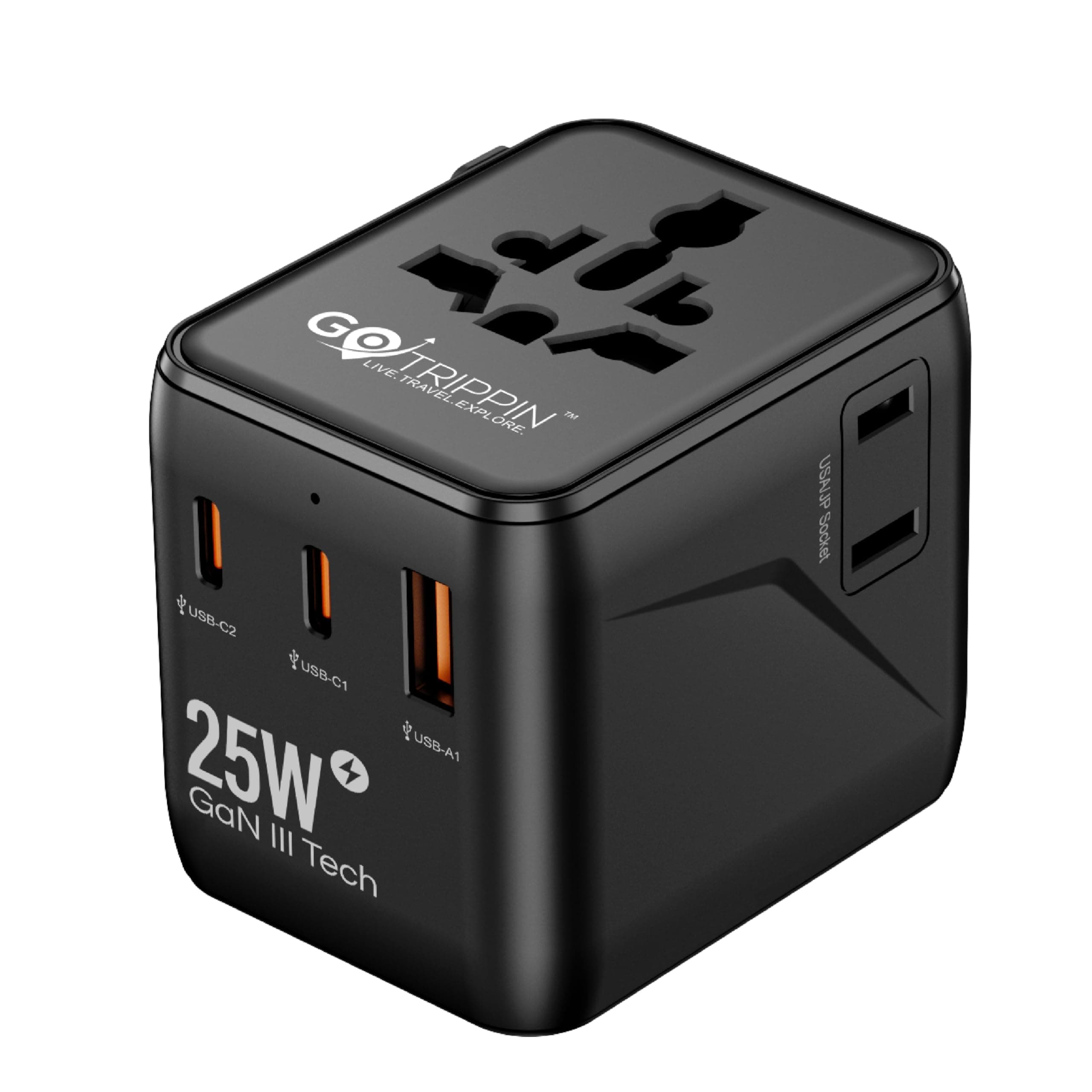 by Destinio Universal Travel Adapter - (25W) 5-in-1 Fast Charging Multi Plug Adapter, 2 Type C; 1 USB A; 1 USA Socket; International All in One Charger Adaptor