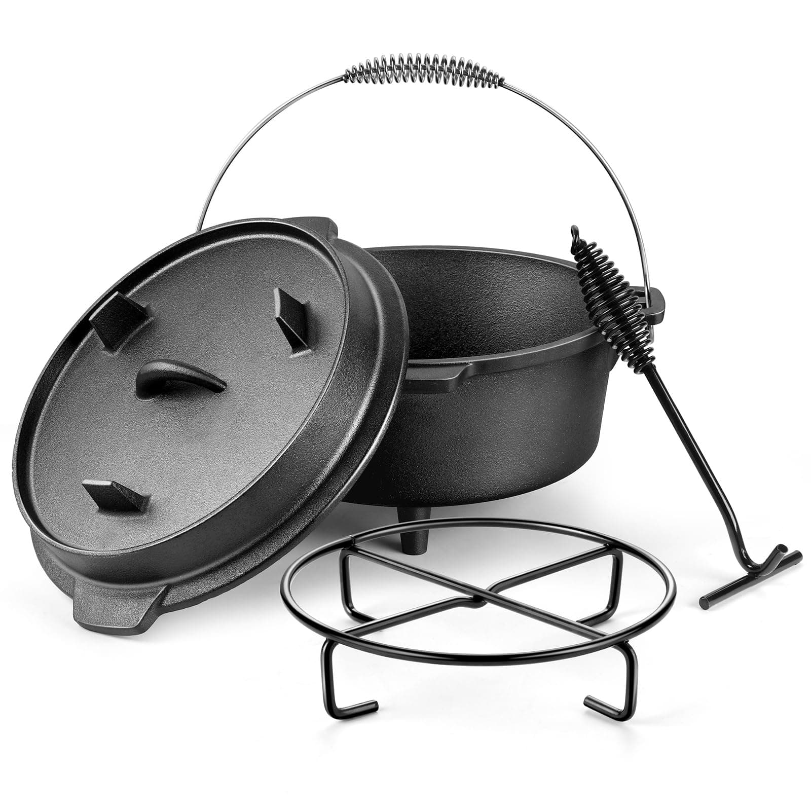 HaSteeL7 QT Cast Iron Dutch Oven, Large 2 in 1 Camp Pre-Seasoned Deep Pot & Lid Skillet Pan, Heavy Thick 7 Quart Multiple Cookware with Feet for Outdoor Camping Baking, Bracket and Lid Lifter