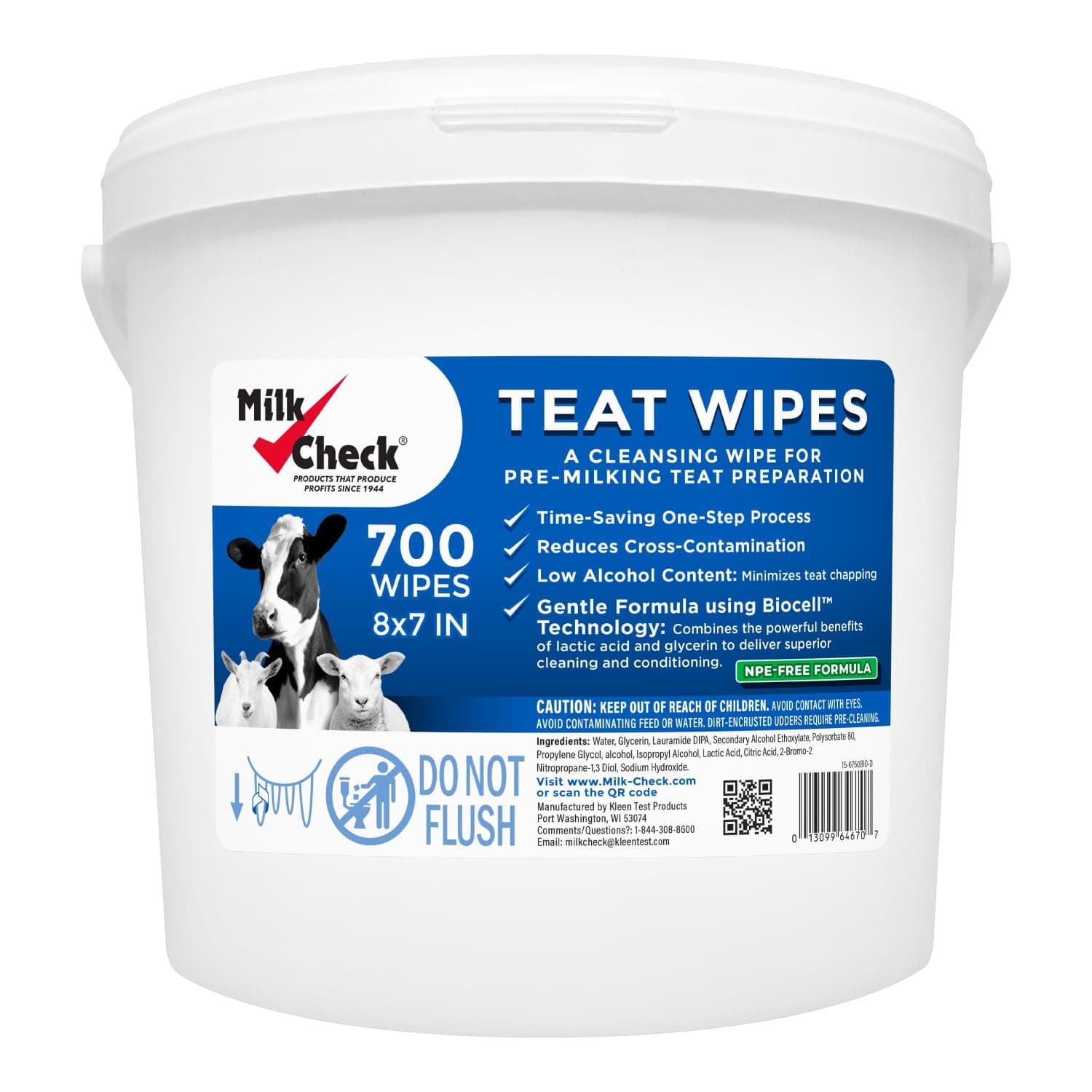 Milk Check Teat Wipes, Udder Prep, 7 inch x 8 inch Wipes, Pail of 700 Wipes