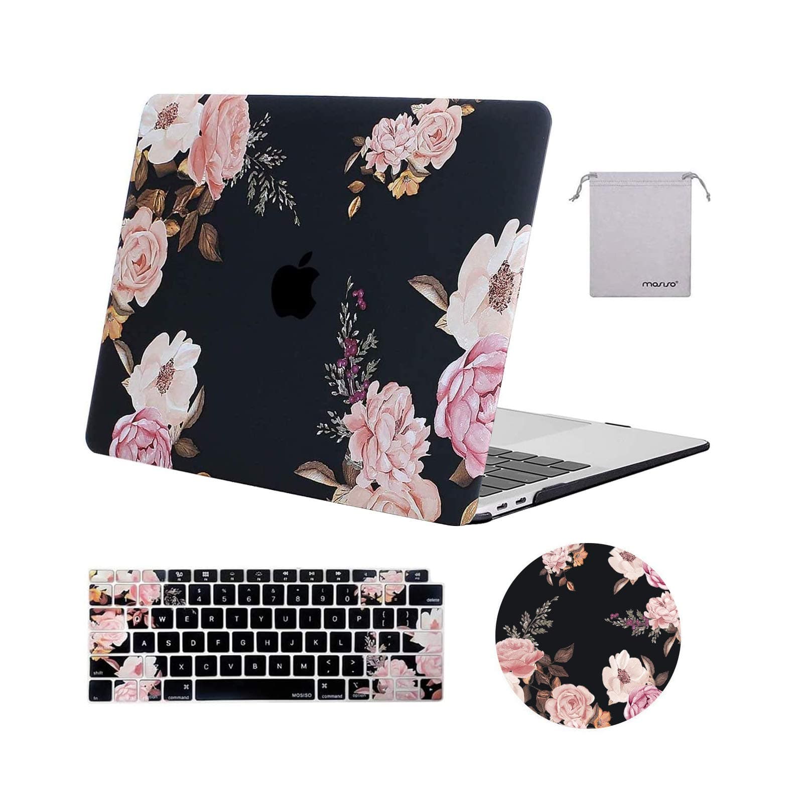 MOSISO Compatible with MacBook Air 13 inch Case 2022 2021 2020 2019 2018 A2337 M1 A2179 A1932, Plastic Peony Hard Shell Case&Keyboard Cover&Mouse Pad&Storage Bag for MacBook Air 13.3 inch Case, Black