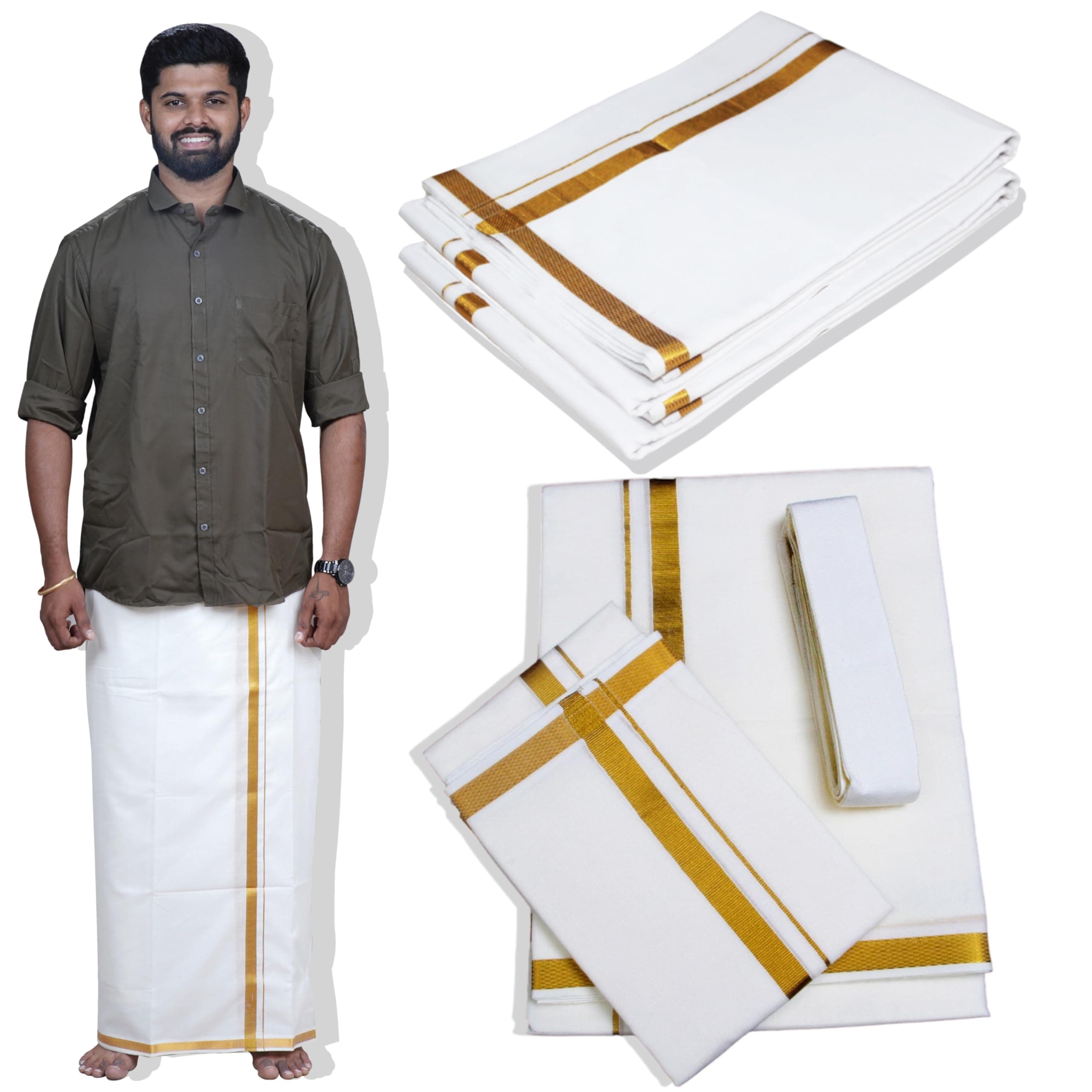 Men's Cream Cotton Dhoti/Veshti/Mundu Set (Includes Dhoti [3.8m], Angavastram [1.8m] and Belt [1.4m]) - Indian Ethnic Wear, One Size