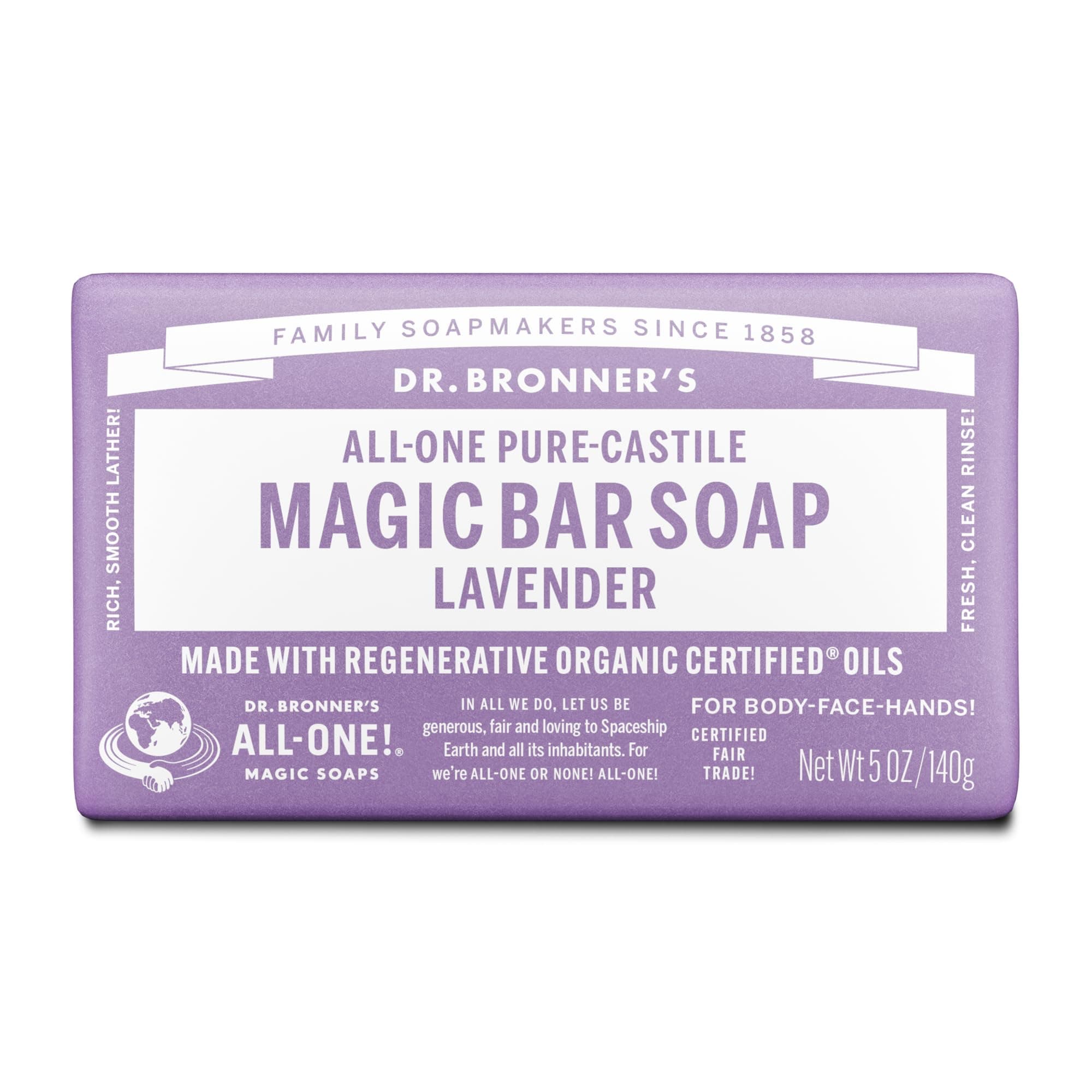 Dr. Bronner's - Pure-Castile Magic Bar Soap (Lavender, 5 ounce) - Made with Organic Oils, For Face, Body and Hair, Gentle and Moisturizing, Biodegradable, Vegan, Cruelty-free, Non-GMO