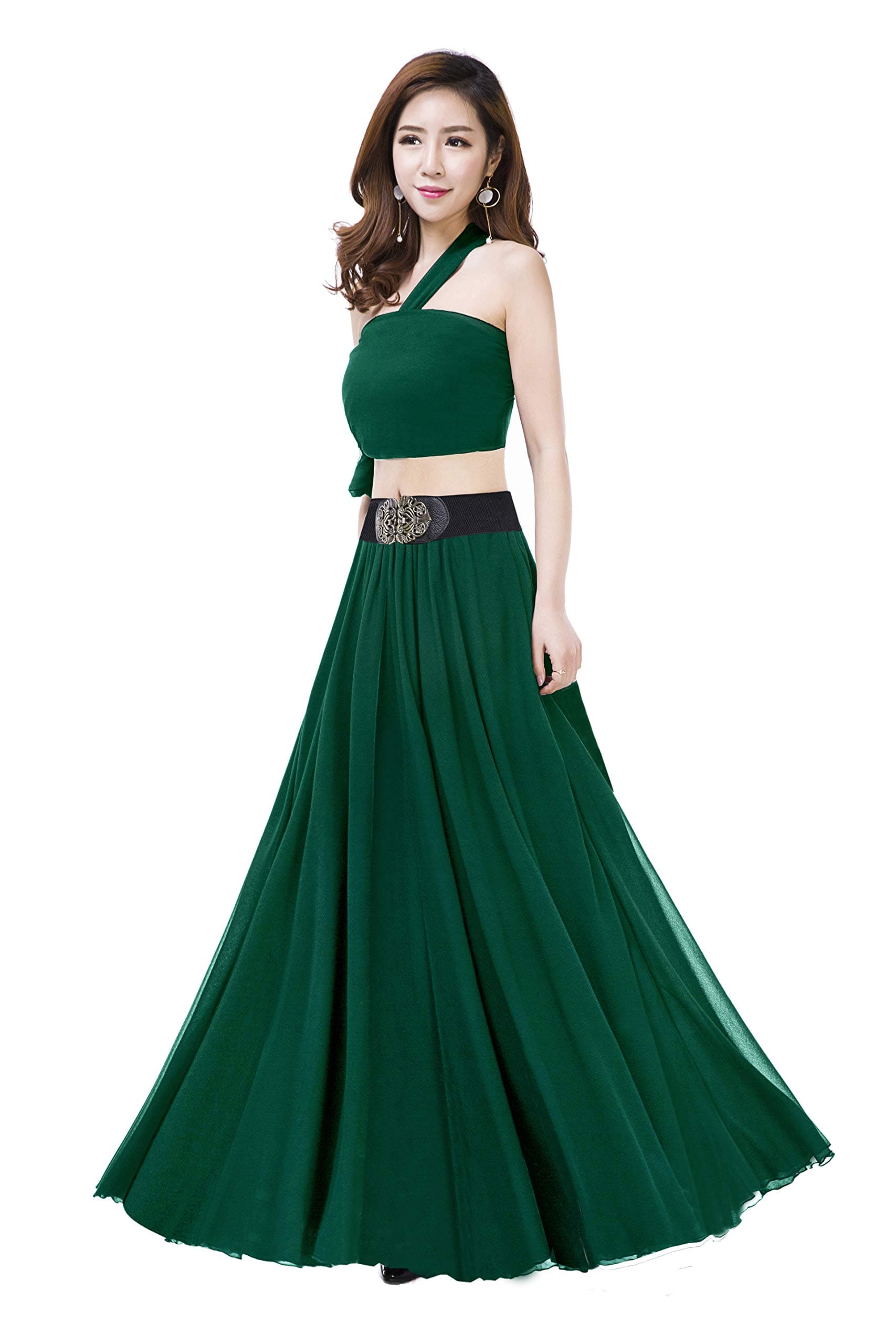 Summer Chiffon High Waist Pleated Big Hem Floor/Ankle Length Beach Maxi Skirt for Women Wedding Party Long Skirts(Large/Jade Green)