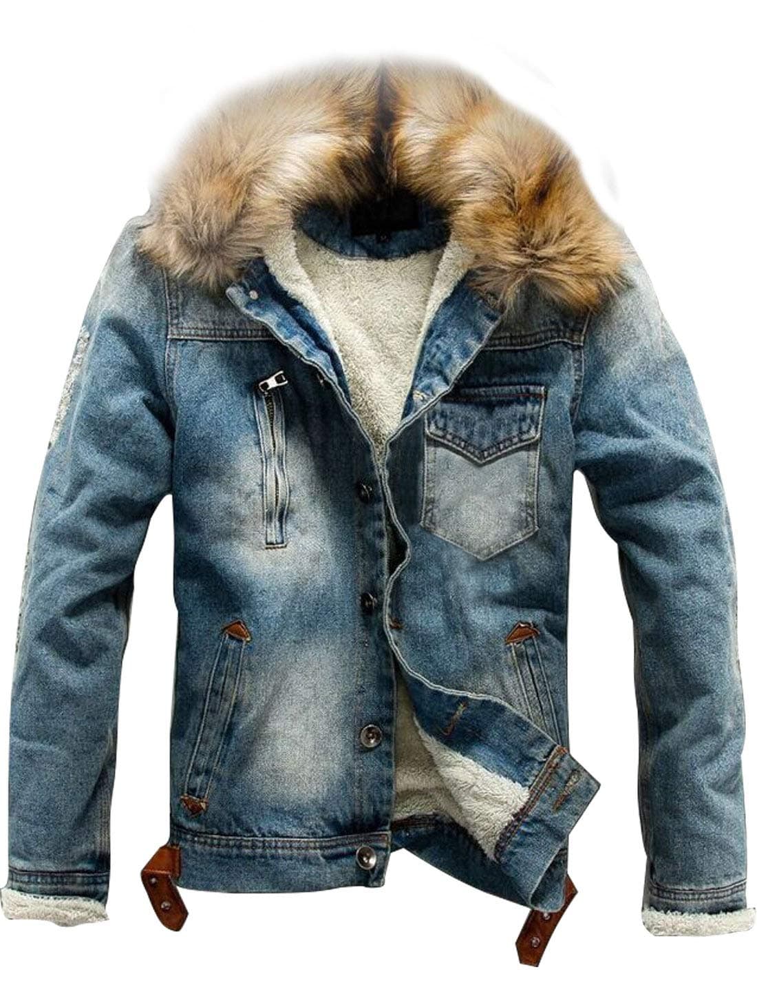 Omoone Men's Faux Fur Collar Sherpa Fleece Lined Distressed Denim Trucker Jacket