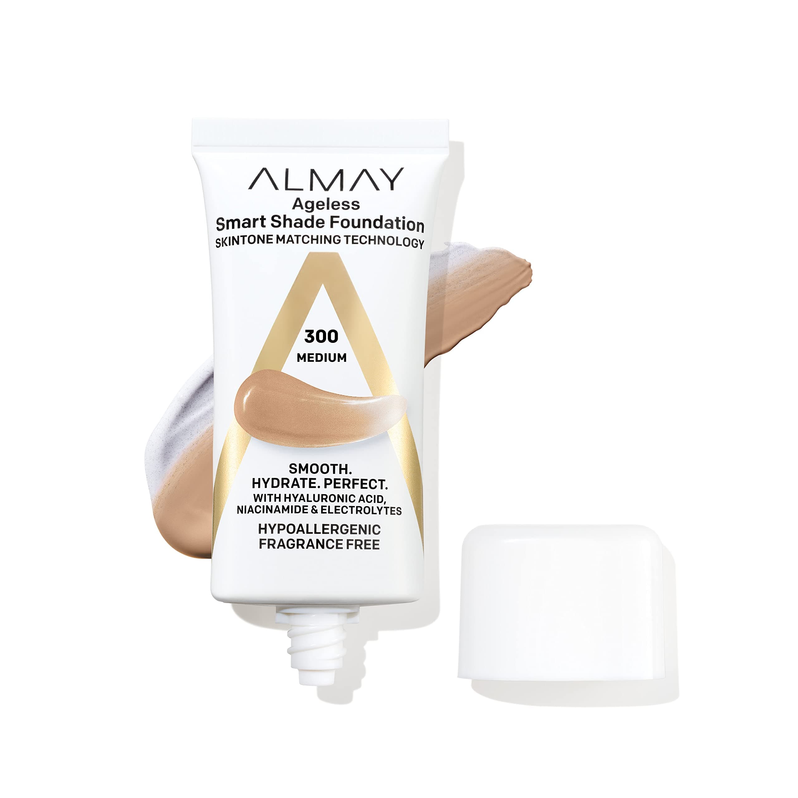 Almay Smart Shade Ageless Anti-Aging Base with Hyaluronic Acid, Niacinamide, Vitamin C and E, Hypoallergenic, Unscented, 300 Medium, 1 Ounce Liquid (Pack of 1)