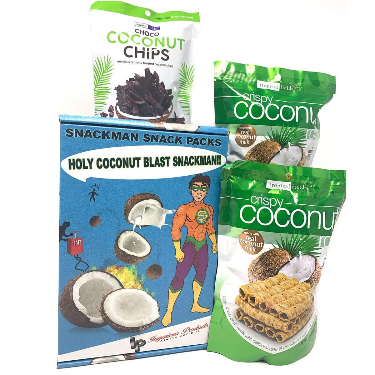 SNACKMAN SNACK PACKS Coconut Variety Pack with (2) Crispy Coconut Rolls (1) Crunchy Toasted Chocolate Chips (MEDIUM BOX)