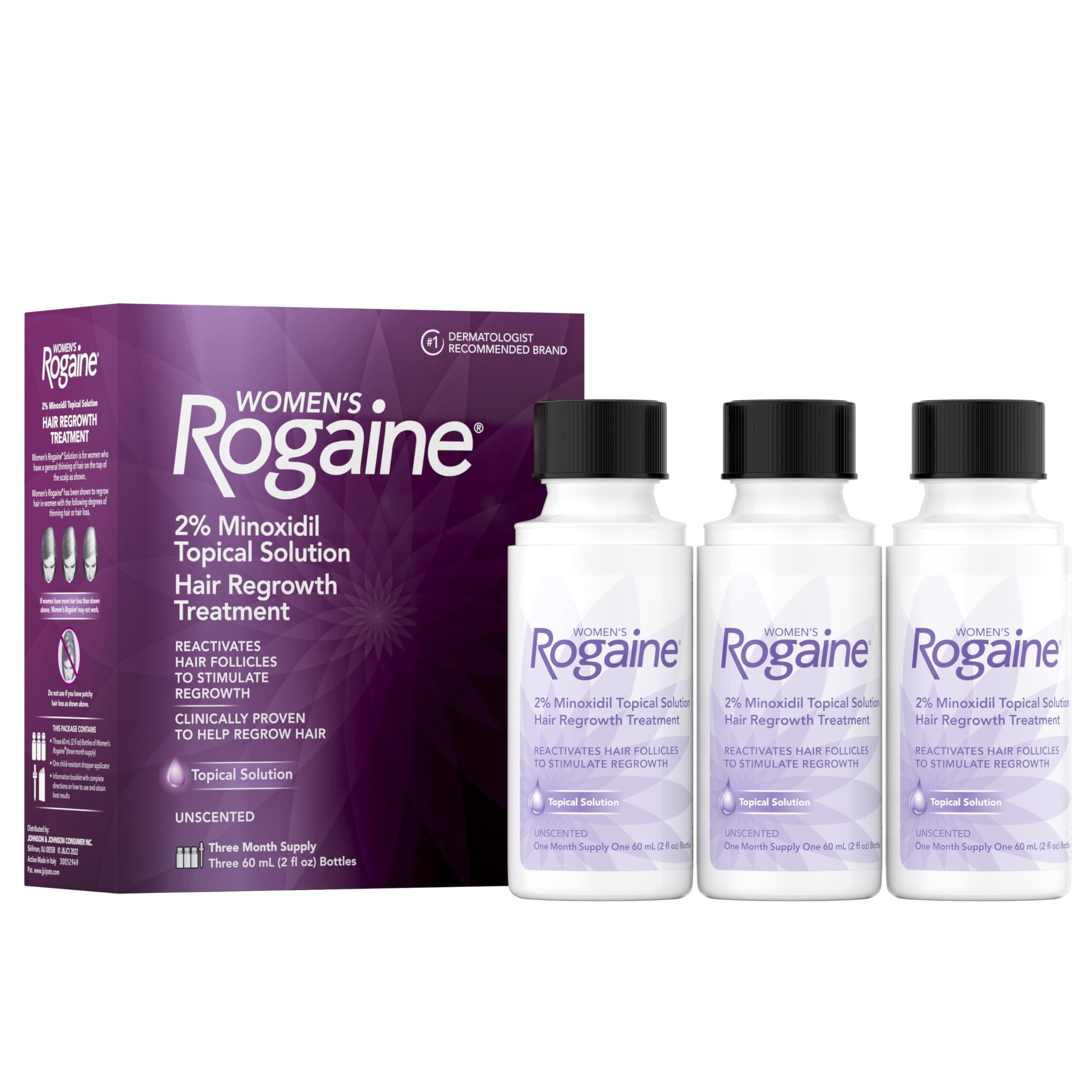 Women's Rogaine 2% Minoxidil Topical Solution for Hair Thinning and Loss, Topical Treatment for Women's Hair Regrowth, 3-Month Supply, Unscented