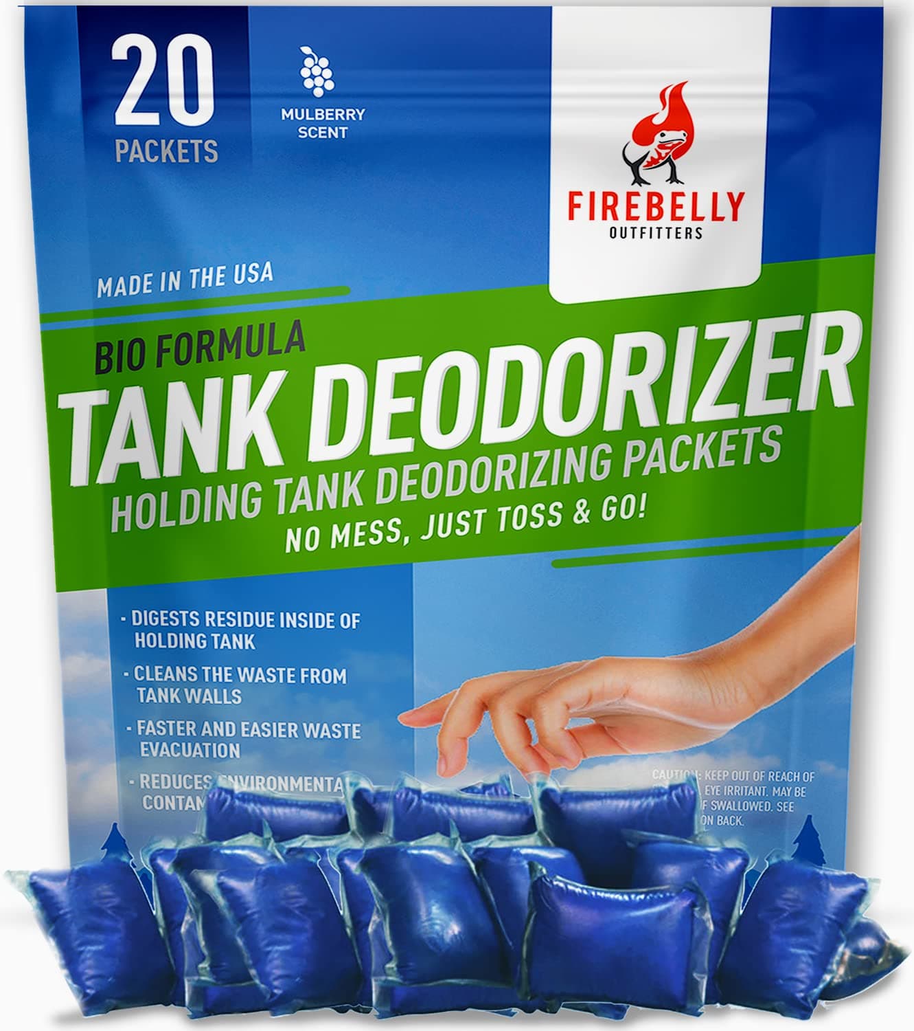 Firebelly Outfitters RV Holding Tank Deodorizer + Septic Tank Treatment + Cleaner - 20 Packets, Mulberry – Sewer Solution, Marine Camper Portable Toilet Chemicals, Odor Eliminator, Formaldehyde Free